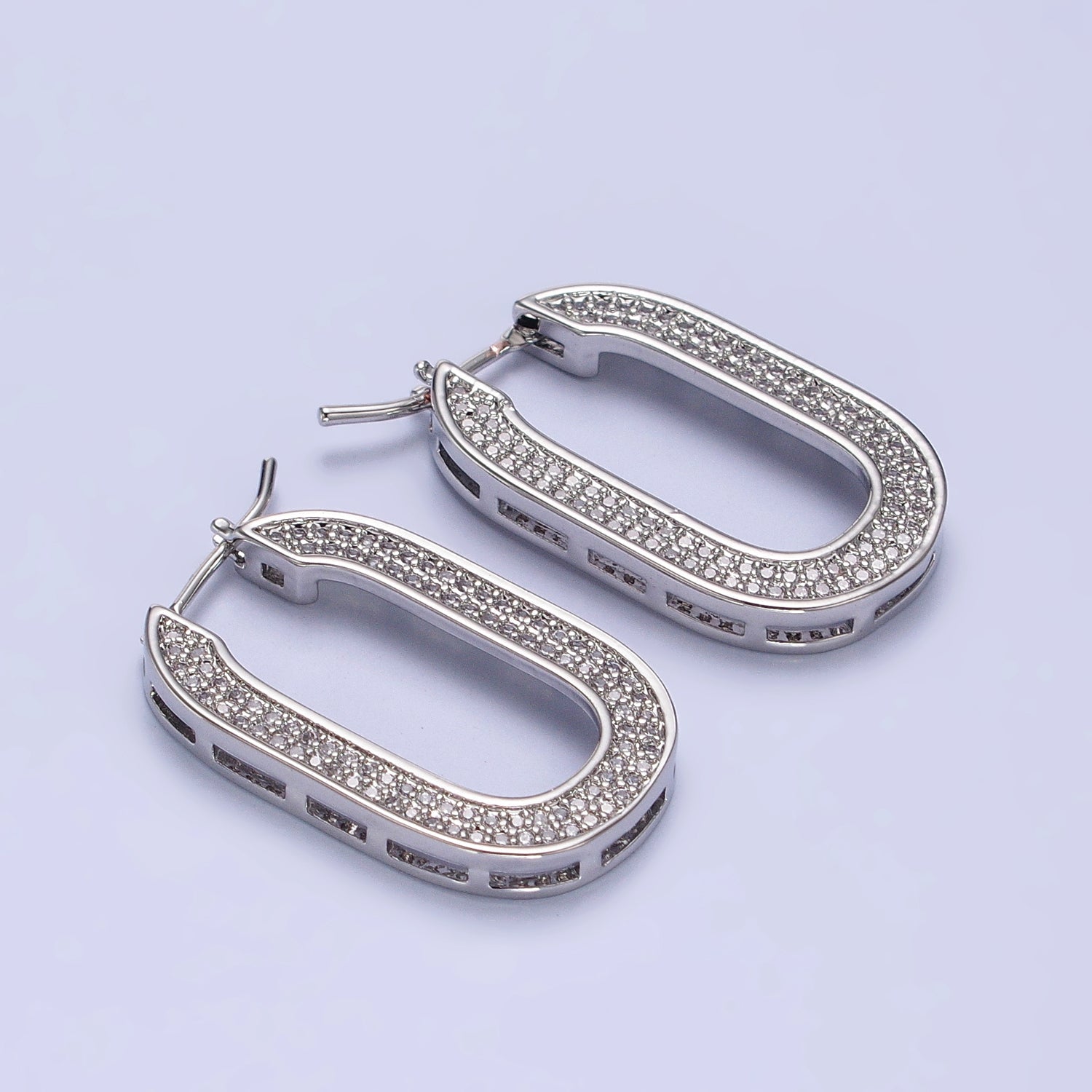 Micro Paved CZ 30mm Oblong U-Shaped Latch Earrings in Gold & Silver | AB174 AB175 - DLUXCA