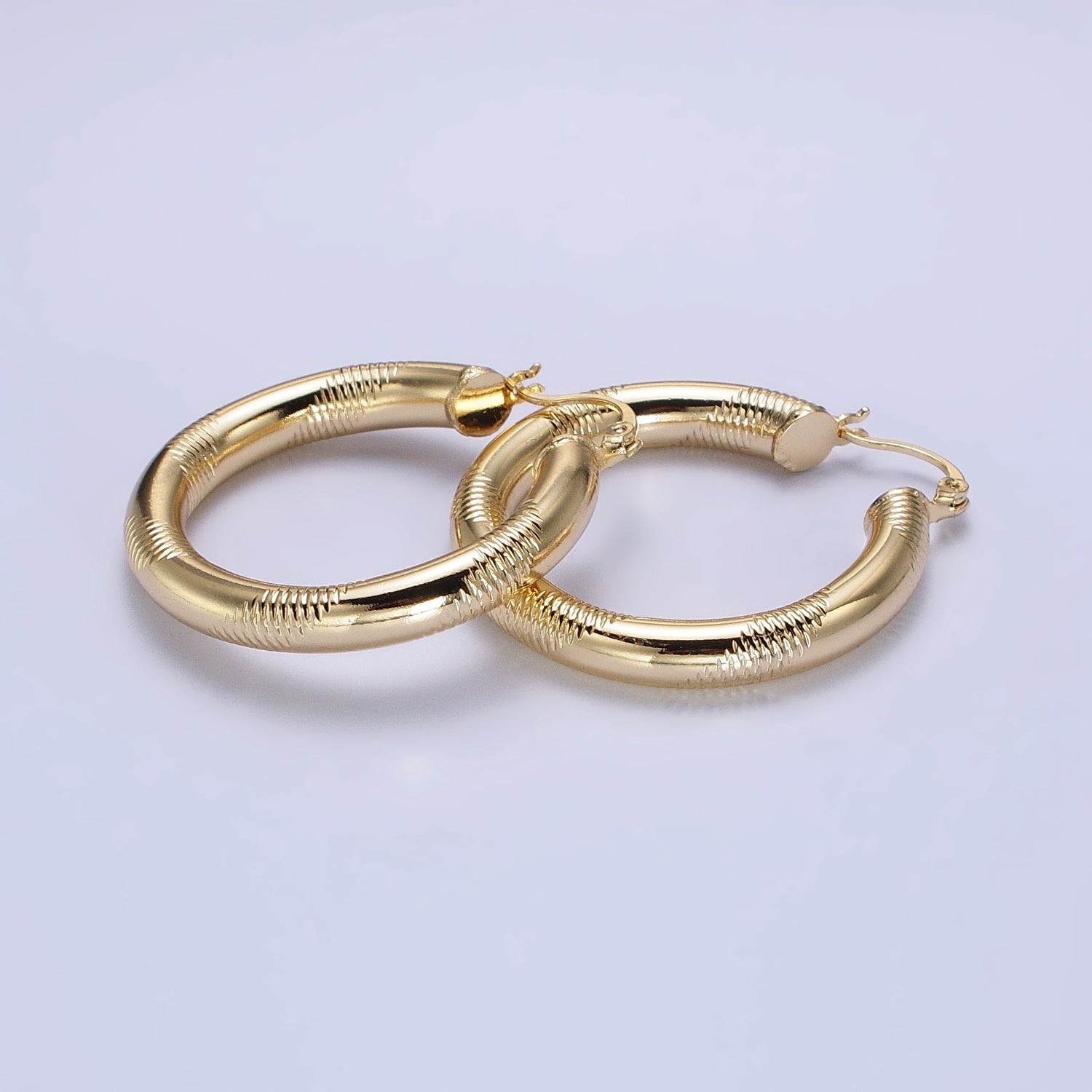 14K Gold Filled 40mm, 50mm, 60mm Line-Textured Statement Latch Hoop Earrings | AB208 AB207 AB209 - DLUXCA