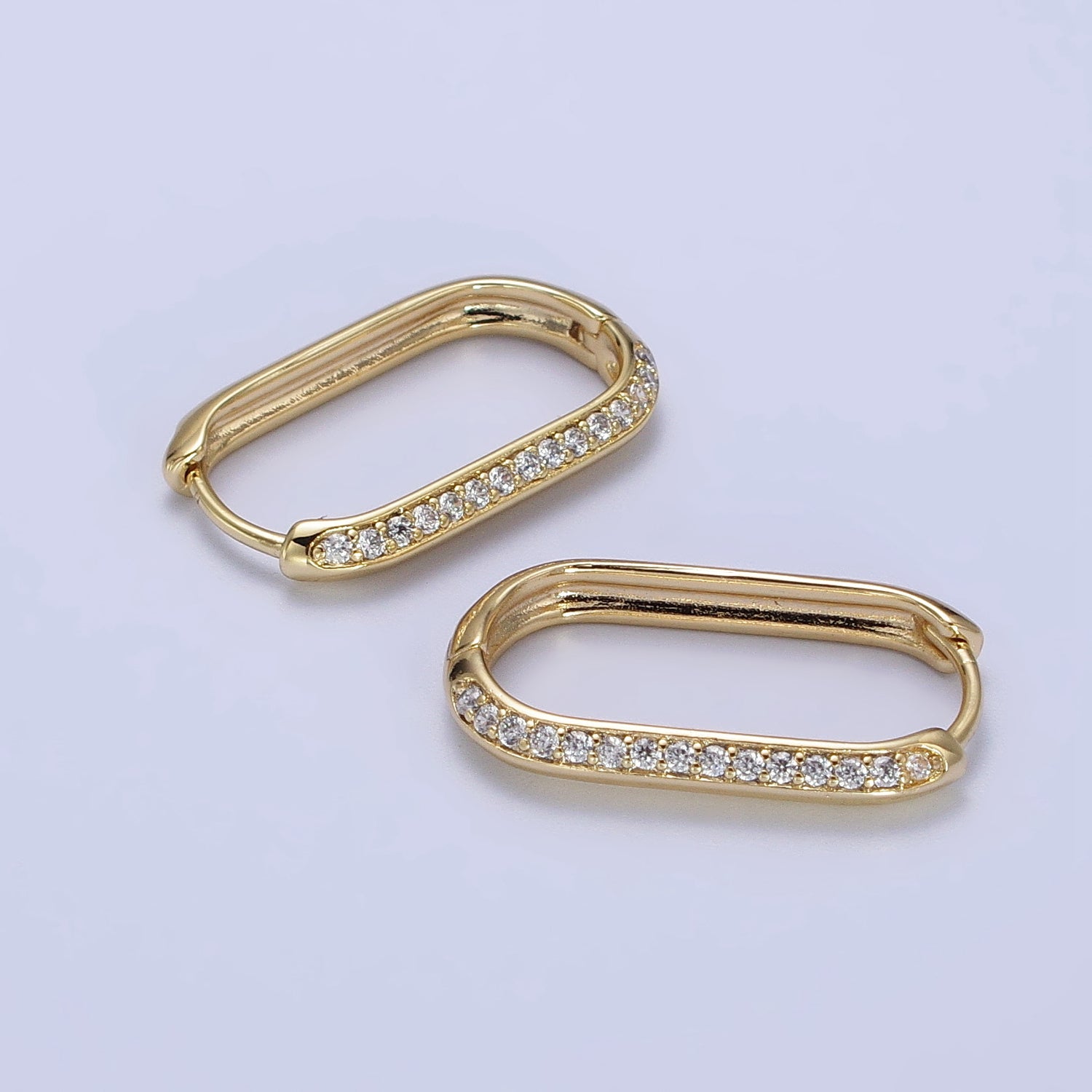 14K Gold Filled Clear Micro Paved Lined Edged Oblong Hoop Earrings | AB259 - DLUXCA