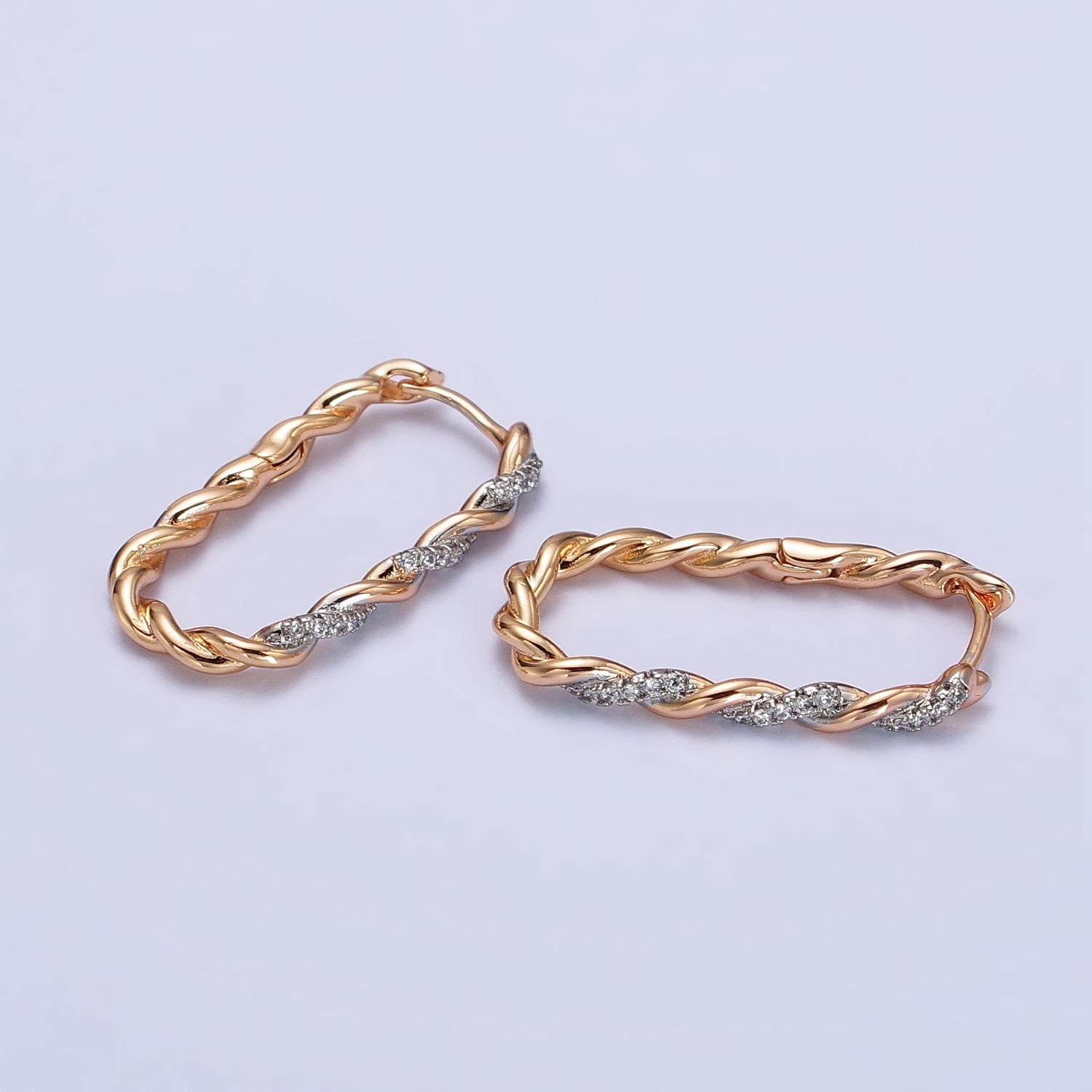 18K Gold Filled Micro Paved CZ Twisted Oblong Mixed Metal Hoops | AB262 - DLUXCA