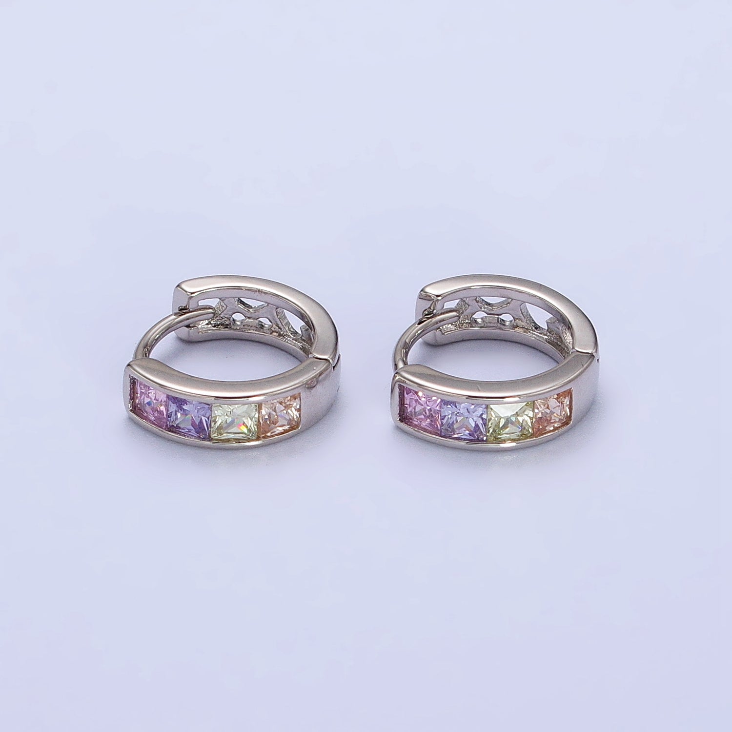 Multicolor Pastel Checkered Square CZ 12mm Cartilage Silver Huggie Earrings | AB268 - DLUXCA