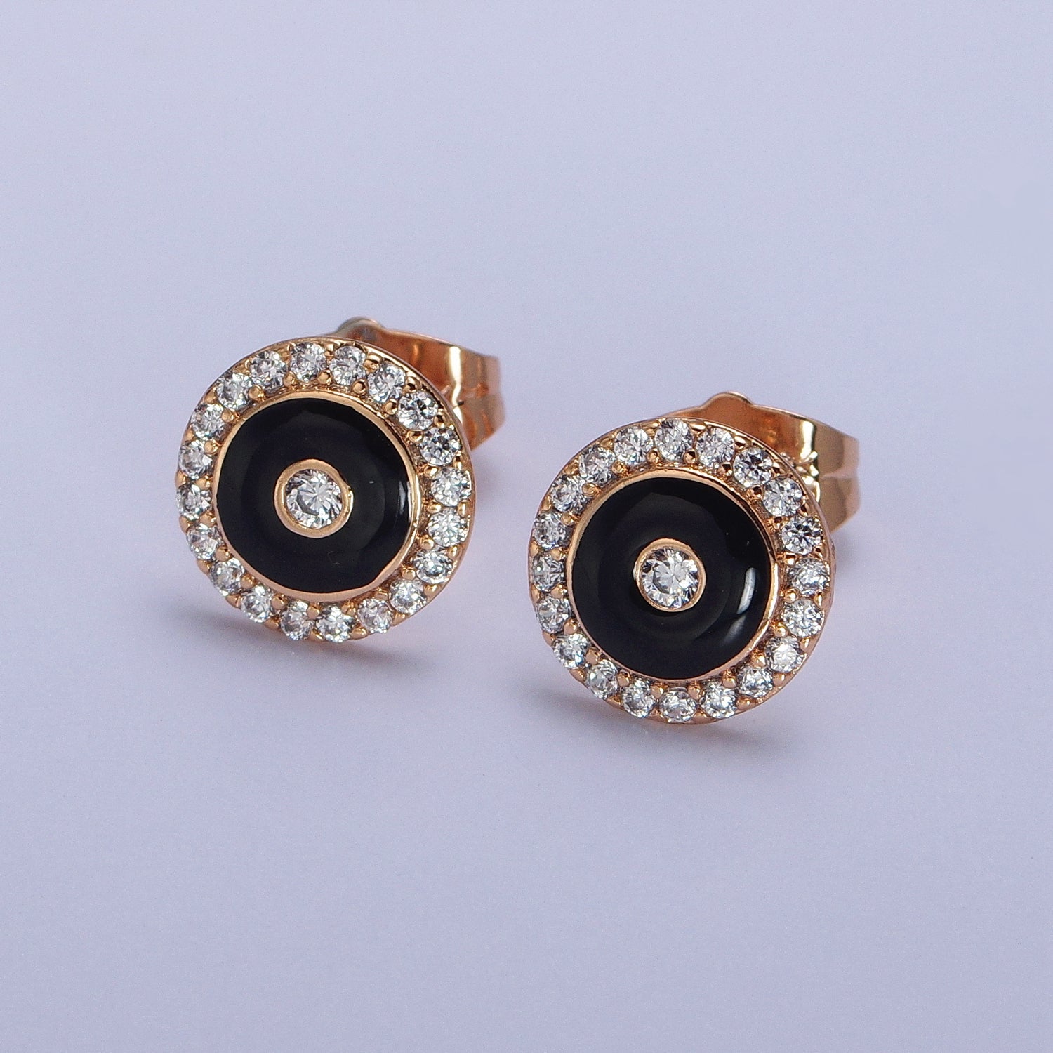 18K Gold Filled Black, Red, White Enamel Micro Paved CZ 10mm Round Stud Earrings | AB290 - AB292 - DLUXCA