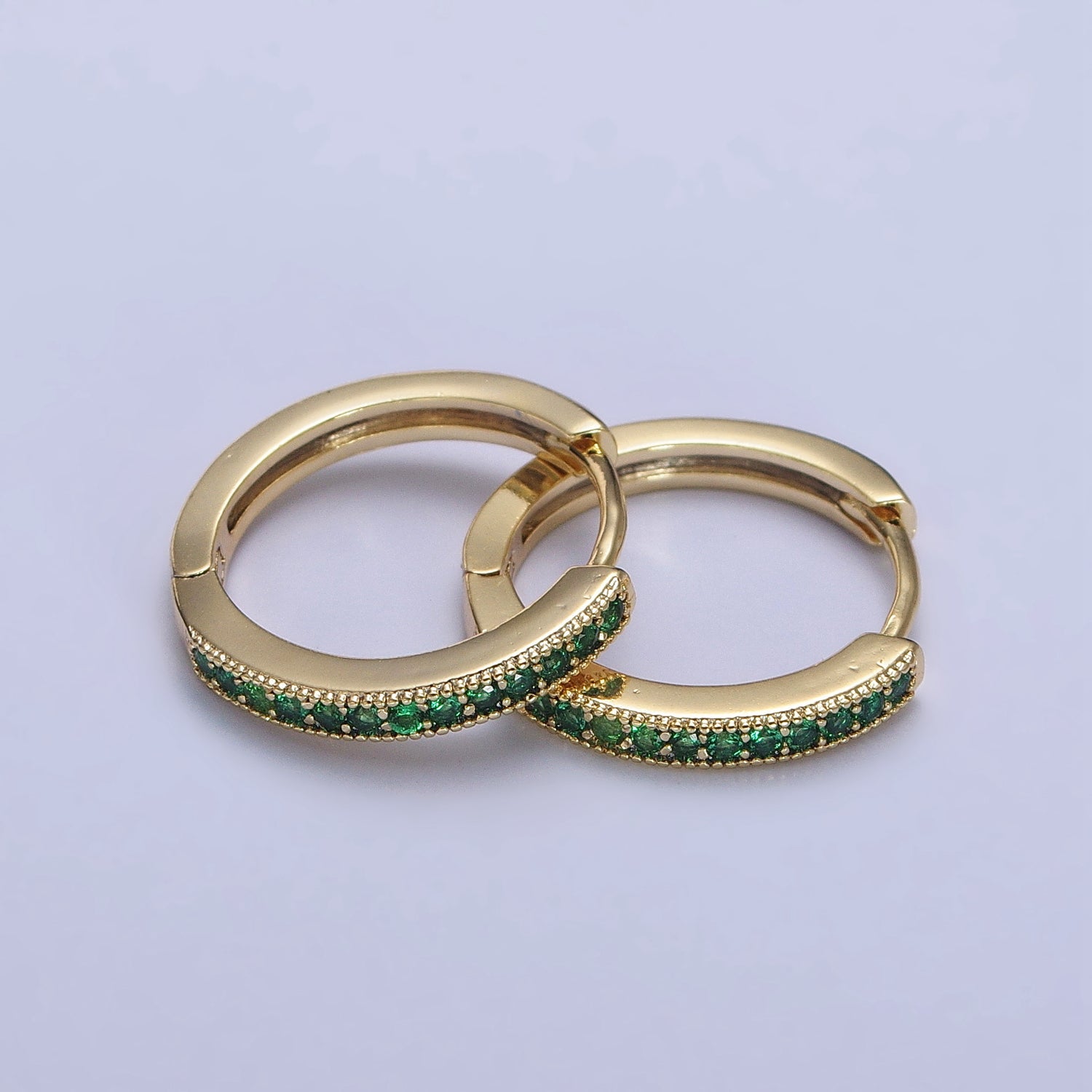 24K Gold Filled Green, Fuchsia, Black Micro Paved CZ Lined 16mm Huggie Earrings | AB297 AB298 AB299 - DLUXCA