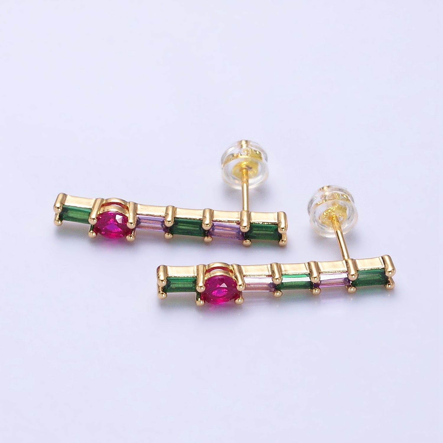 16K Gold Filled Multicolor Baguette Round CZ Linear Drop Stud Earrings in Gold & Silver | AB362 AB363 - DLUXCA