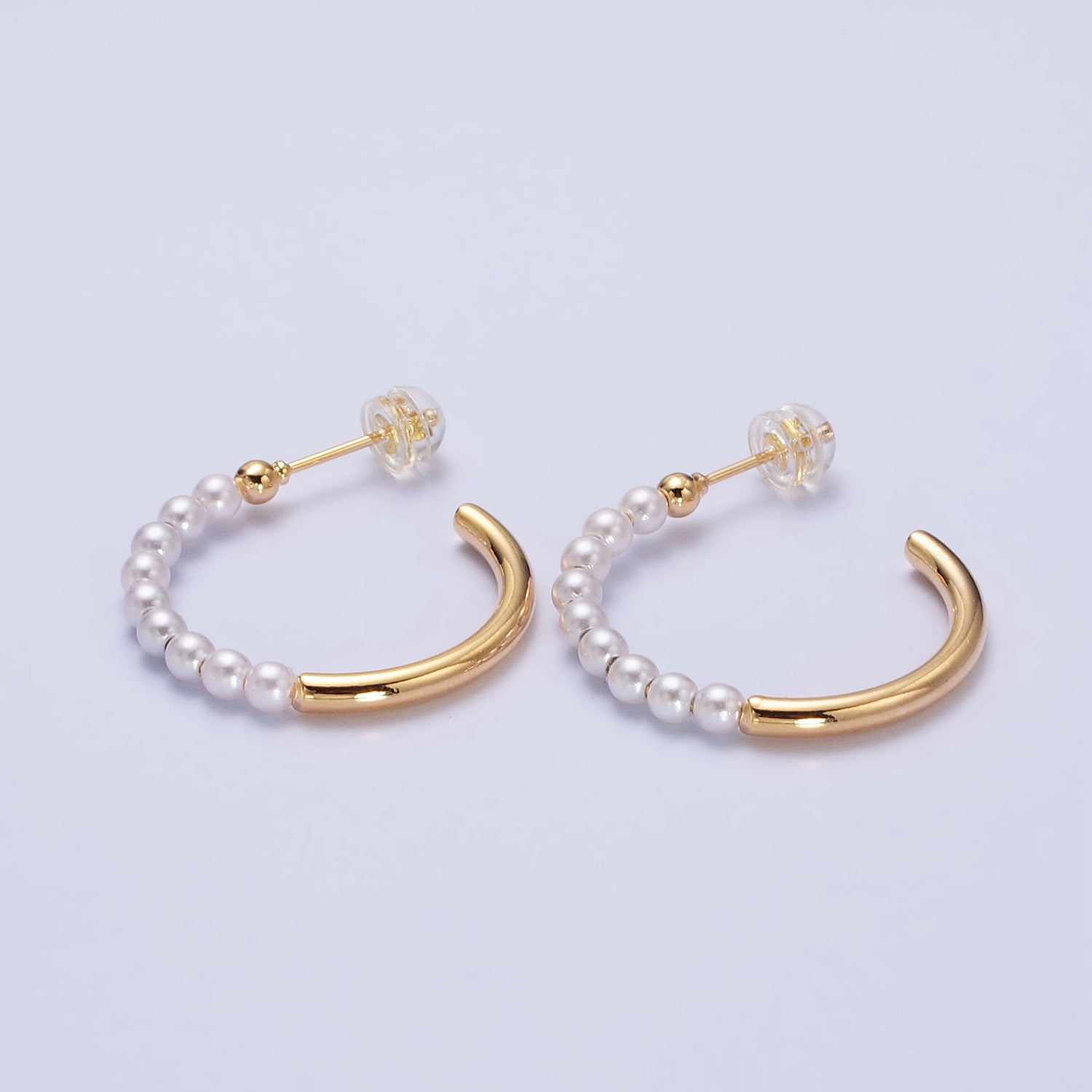 16K Gold Filled 25mm Half Pearl Hoop Earrings in Gold & Silver | AB366 AB367 - DLUXCA