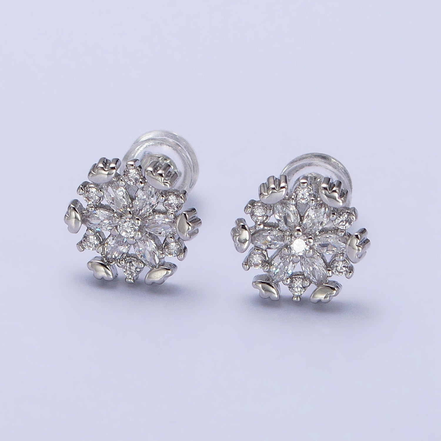 Gold, Silver Flower Snowflake Clear CZ Marquise Stud Earrings | AB372 AB373 - DLUXCA