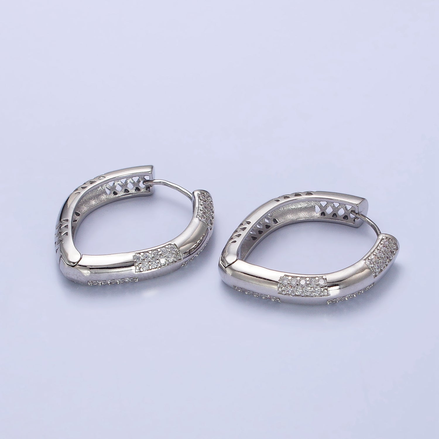 Clear Micro Paved CZ Triangle Geometric Silver Hoop Earrings | AB460 - DLUXCA