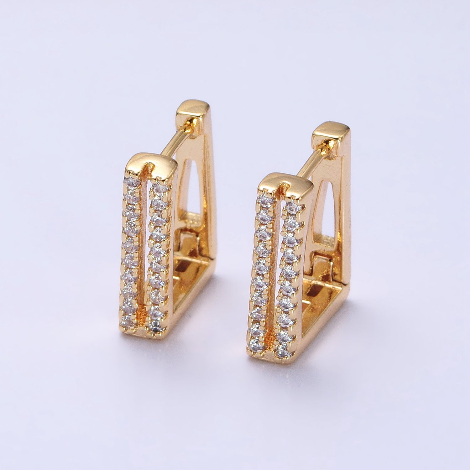 Double Micro Paved CZ Lined Rectangular Square Hoop Earrings in Gold & Silver | AB476 AB486 - DLUXCA