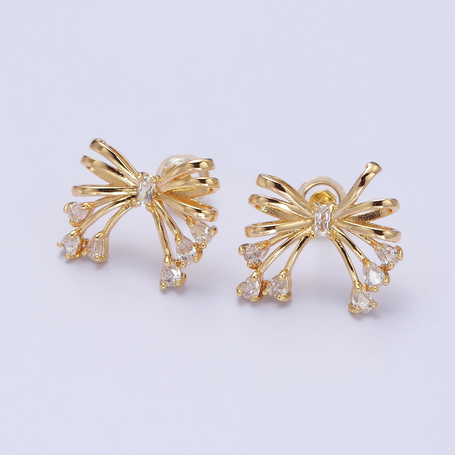 Gold Filled Tie Bow Multiband Ribbon Clear Baguette Teardrop Stud Earrings in Silver & Gold | AB380 AB480 - DLUXCA