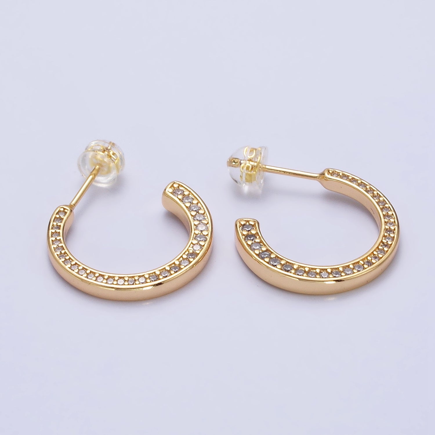 16K Gold Filled Round CZ Lined 20mm, 30mm C-Shaped Hoop Earrings in Gold & Silver | AB518 AB519 AB528 AB529 - DLUXCA