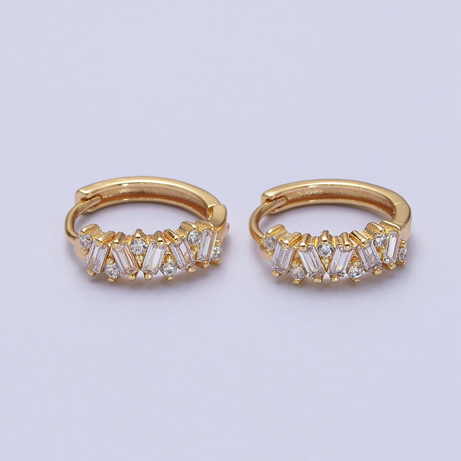 Gold, Silver Zig-Zag Clear Baguette CZ 15mm Huggie Hoop Earrings | AB522 AB527 - DLUXCA