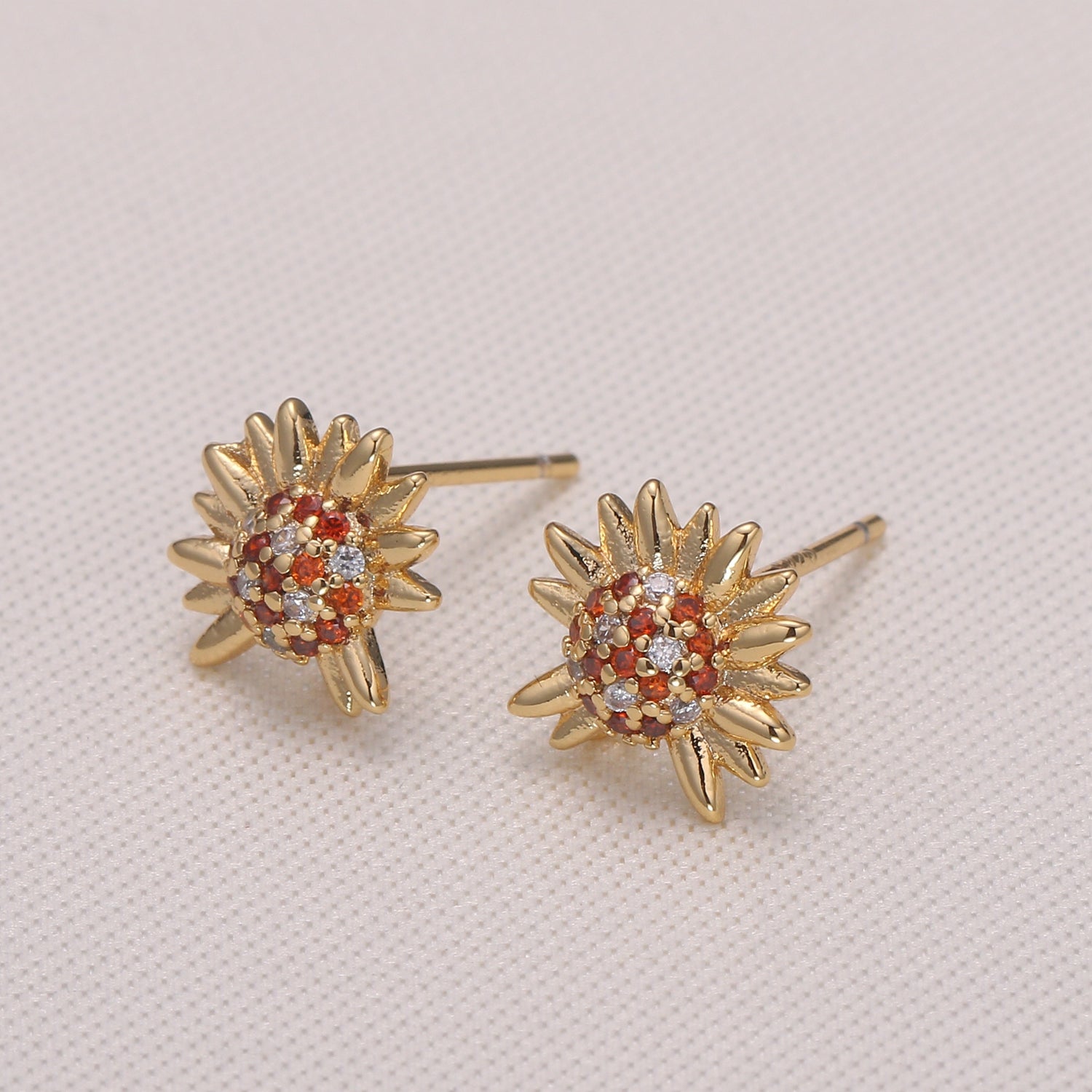 Dainty Gold Plated Zirconia Red Sunflower Studs Earring CZ Floral Earring Jewelry GP-1007 - DLUXCA