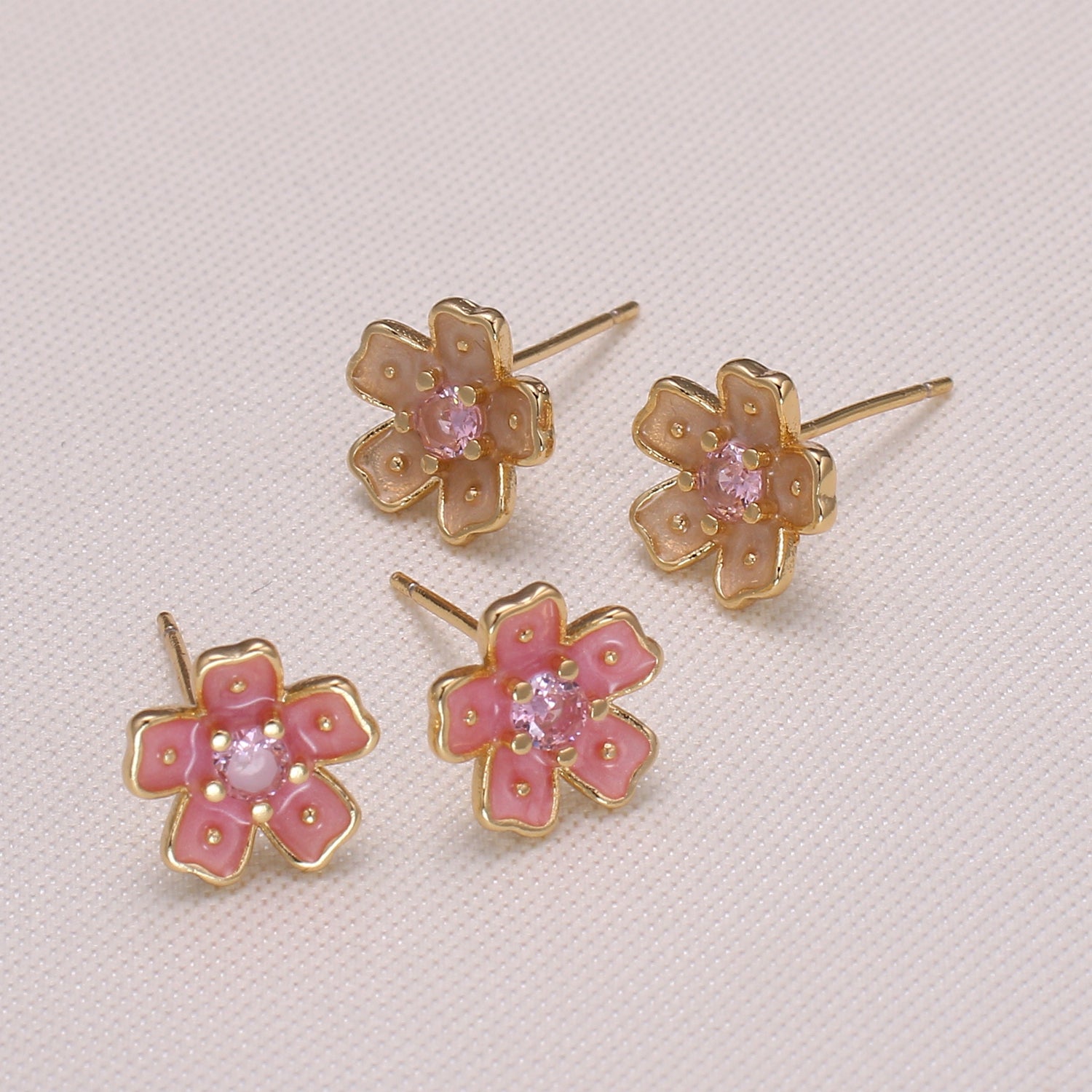 Tiny Peach Gold Zirconia Flower Petal Studs Earring CZ Floral Earring Jewelry - DLUXCA