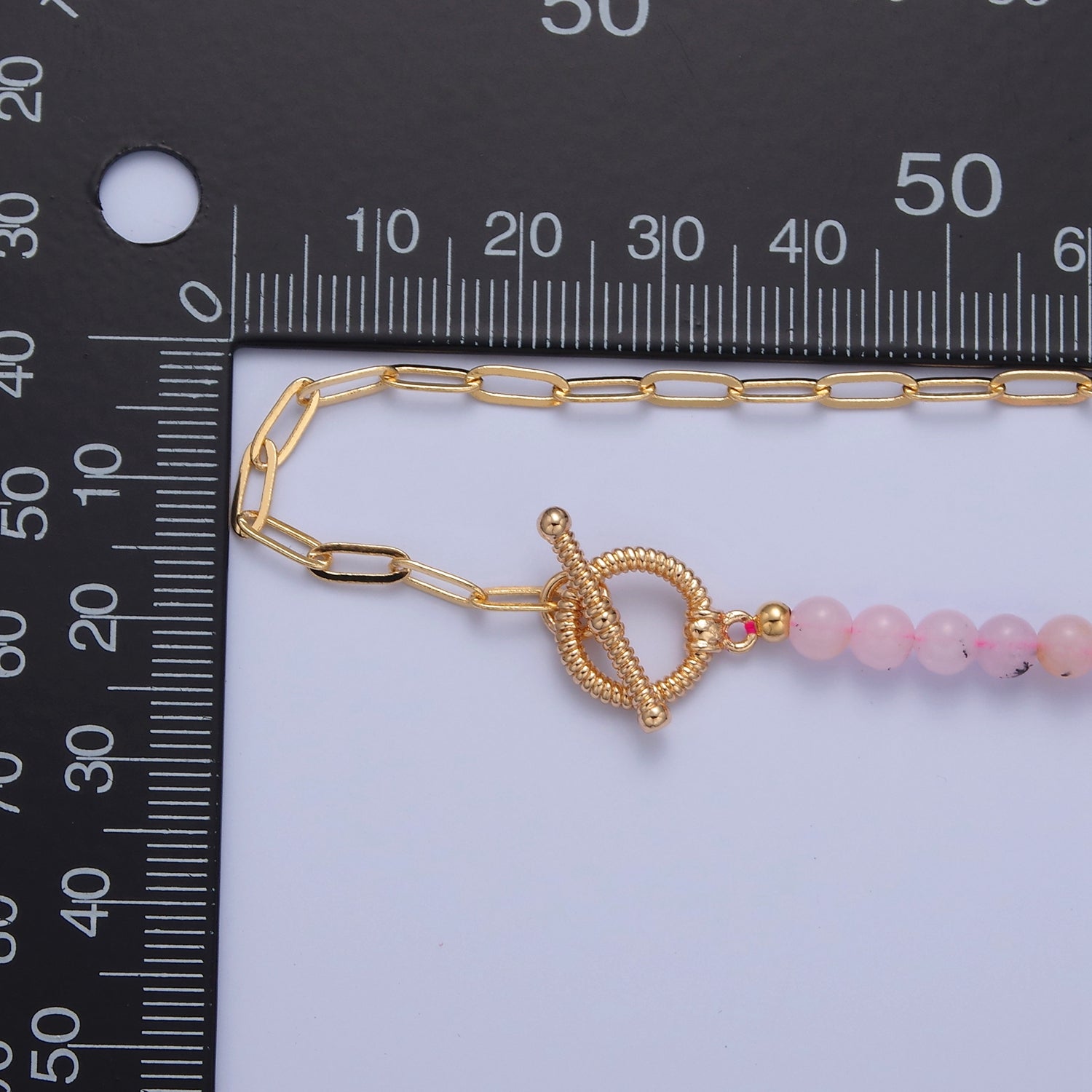 Dainty Half Bead Half Link Chain Necklace, 24k Gold Filled Paperclip Chain with Pink Jade Necklace Toggle Clasp WA-970 - DLUXCA