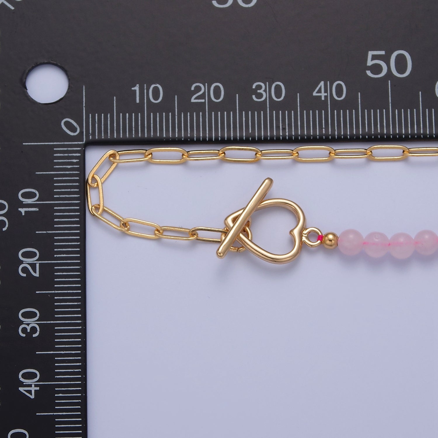 Dainty Half Bead Half Link Chain Necklace, 24k Gold Filled Paperclip Chain with Pink Quartz Necklace Heart Toggle Clasp WA-969 - DLUXCA