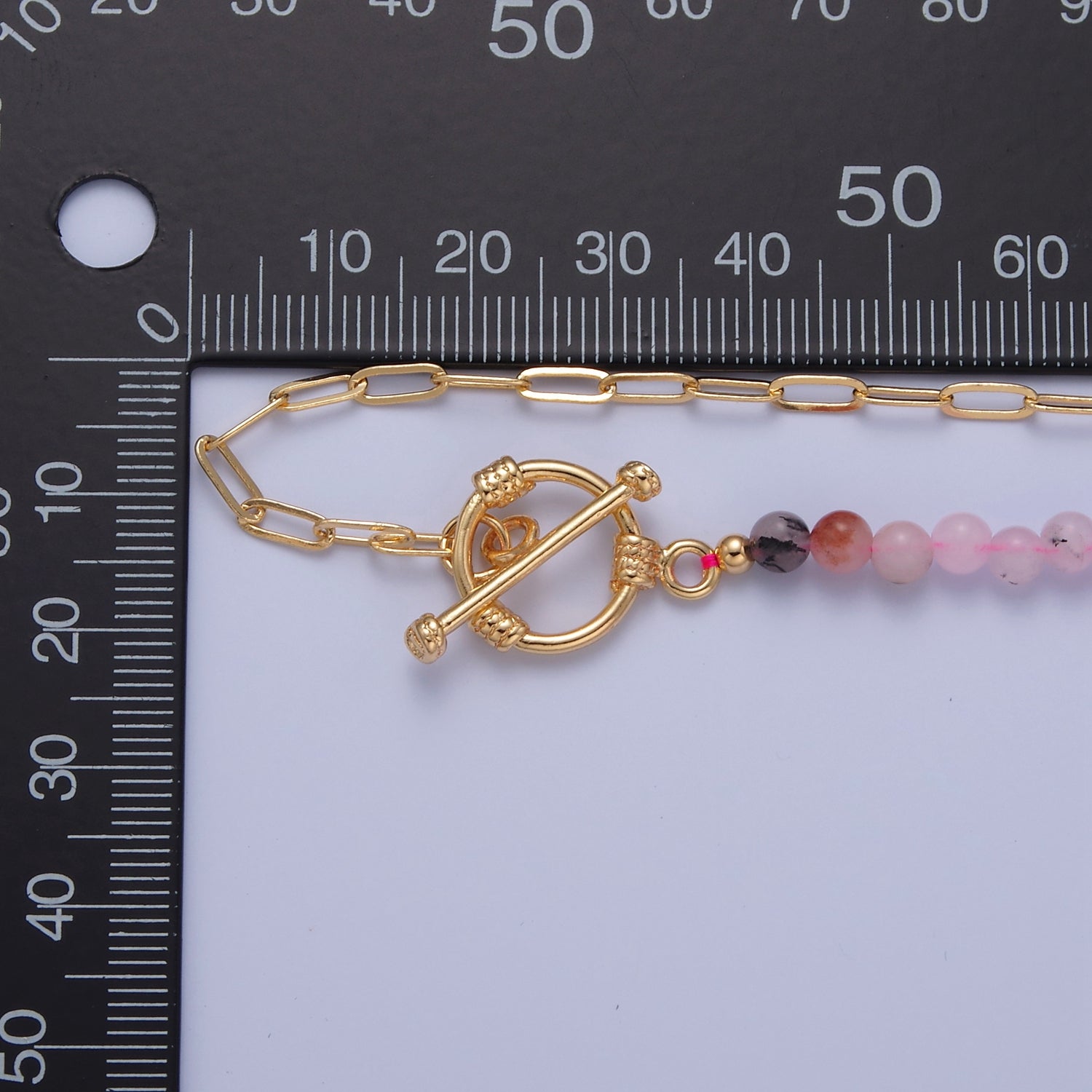 Dainty Half Bead Half Link Chain Necklace, 24k Gold Filled Paperclip Chain with Pink Jade Necklace Toggle Clasp WA-971 - DLUXCA