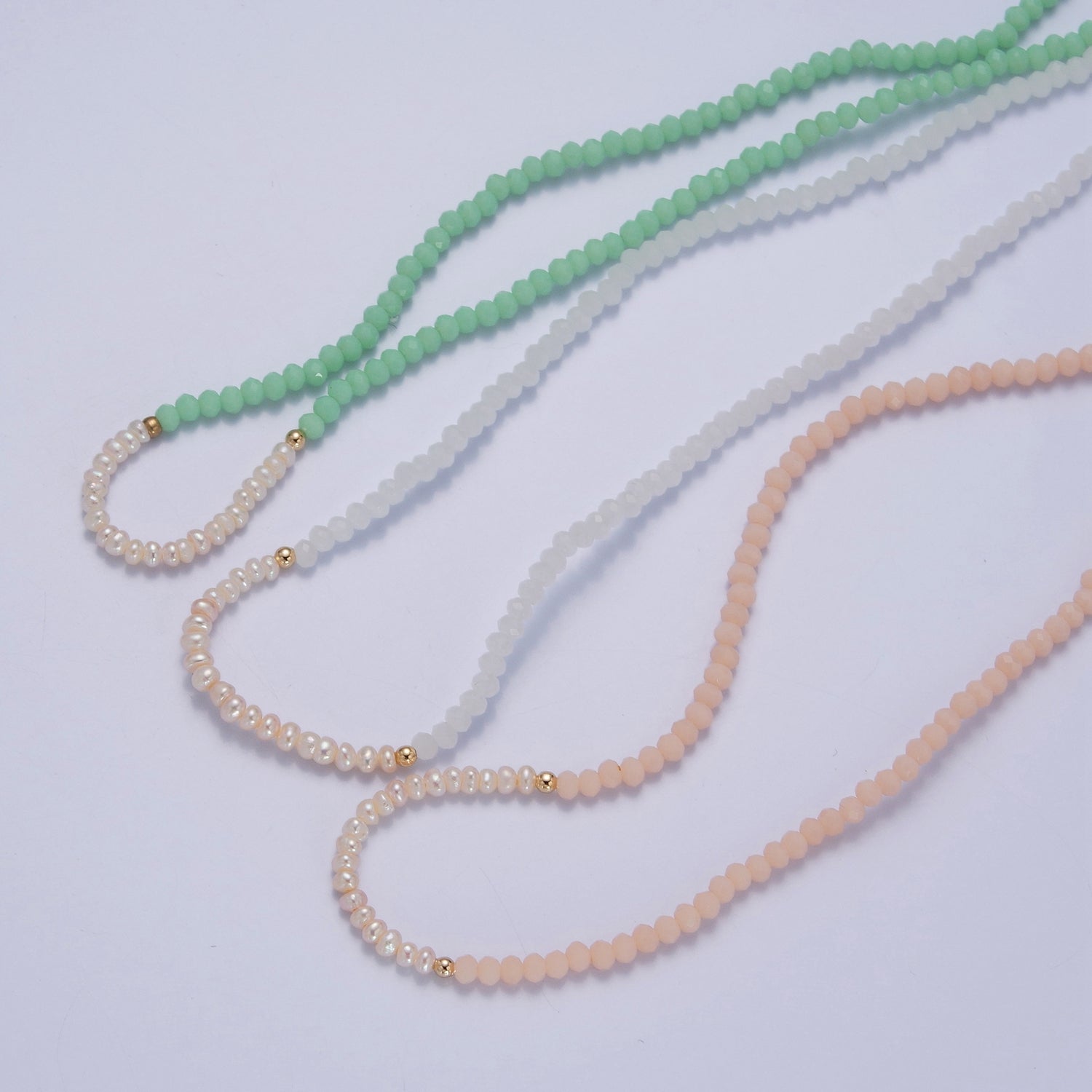 Pastel Color Glass Beaded Necklace Faceted Rondell Beads with Fresh Water Pearl Necklace WA-1039 - DLUXCA