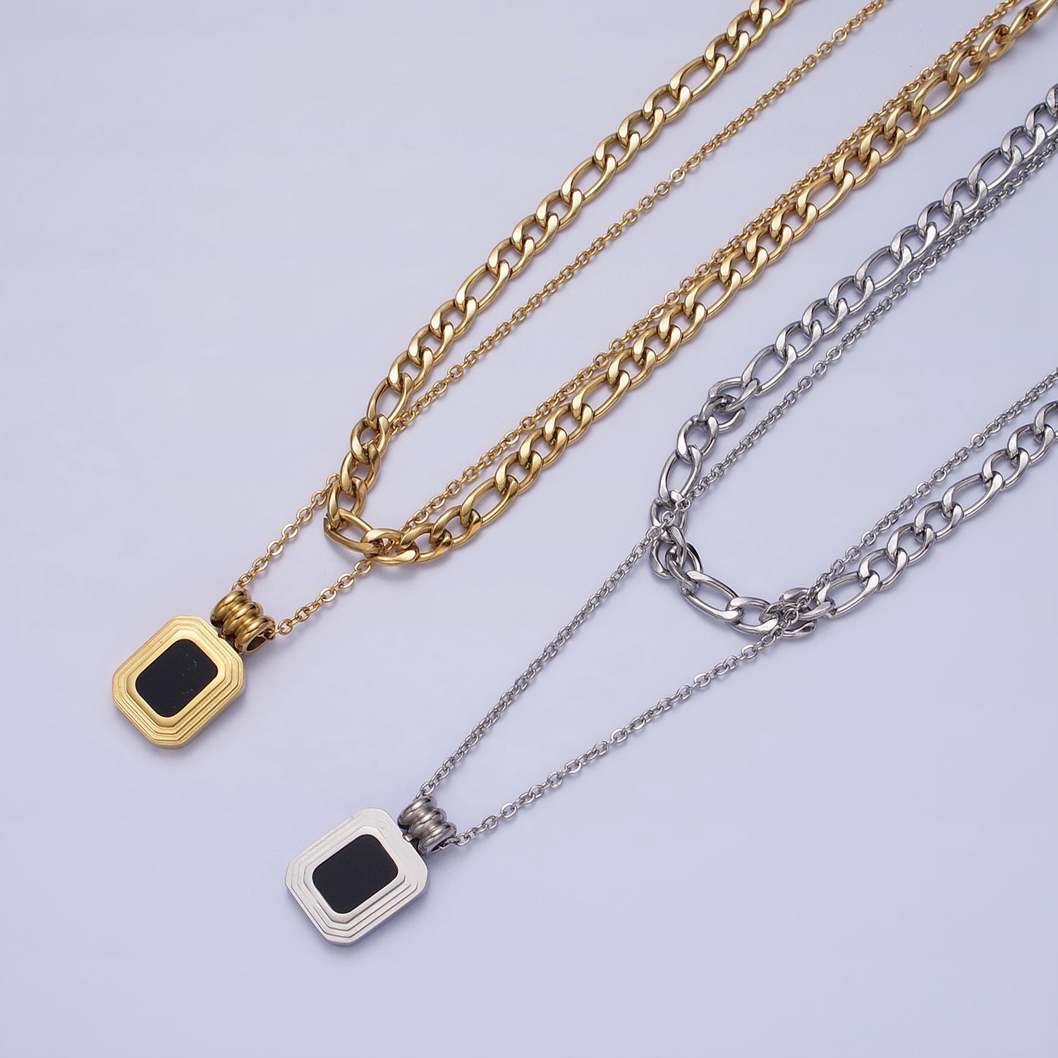 Stainless Steel Black Pendant Figaro & Rolo Chain Double Layer Necklace in Gold & Silver | WA-1632 WA-1633 - DLUXCA