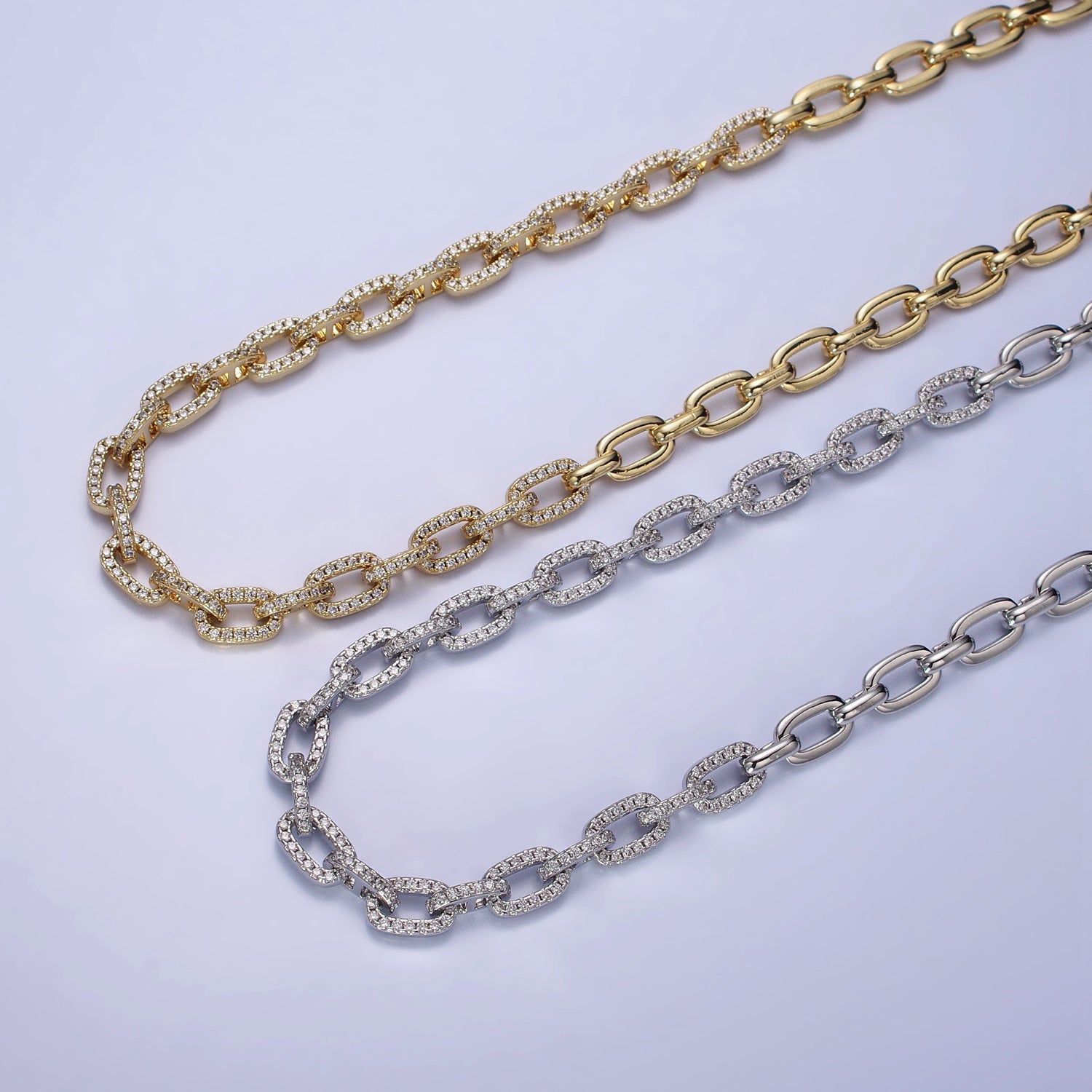 24K Gold Filled 6.5mm Half Micro Paved CZ Paperclip 17 Inch Chain Necklace in Gold & Silver | WA-1674 WA-1675 - DLUXCA