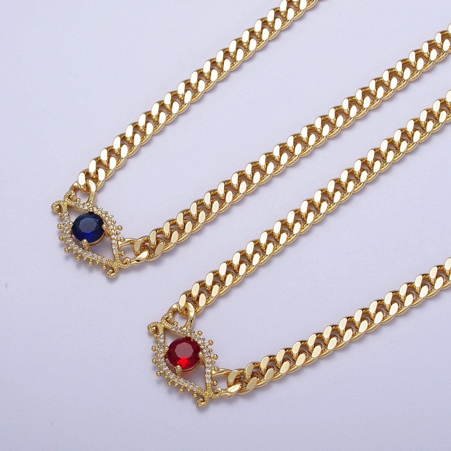 Red, Blue Micro Paved Evil Eye of Ra 18 Inch Gold Curb Chain Necklace | WA-1410 WA-1411 - DLUXCA