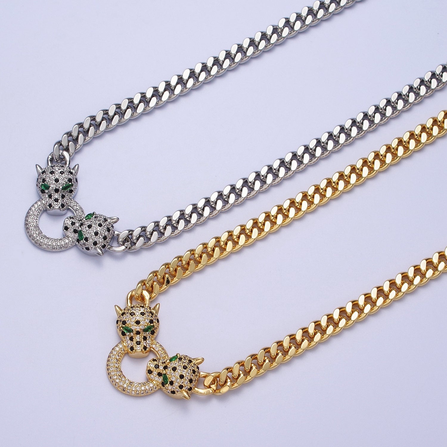 Micro Paved Green Eyed Jaguar Panther 18 Inch Curb Chain Necklace in Gold & Silver | WA-1361 WA-1362 - DLUXCA