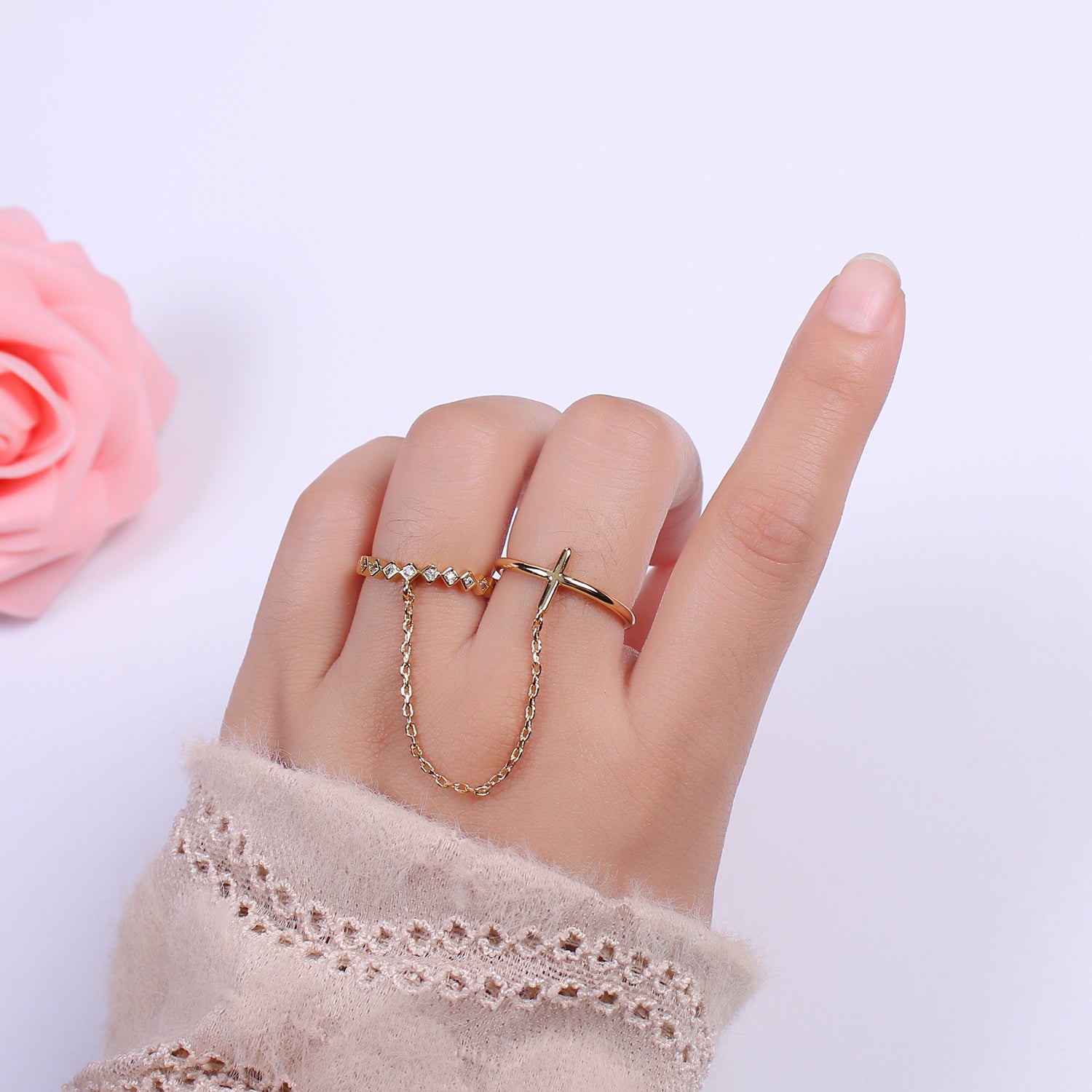 Double ring with chain, Adjustable ring, Stacking ring, Gold chain ring, Fashion ring, Minimalist Jewelry - DLUXCA