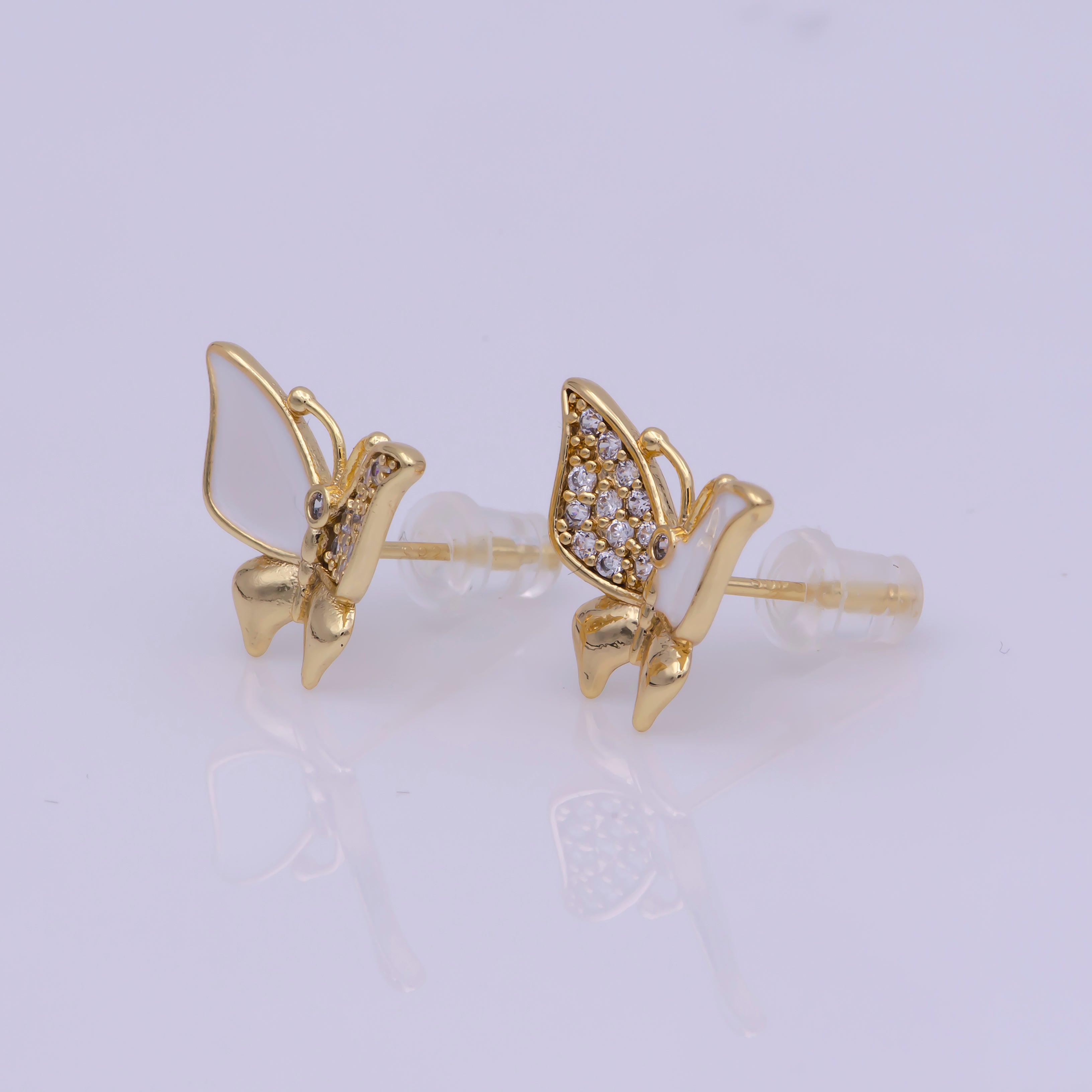 Dainty Teal, White Enamel, Crystal Zirconia CZ Butterfly Wings Gold Stud Earrings | T225, T226 - DLUXCA