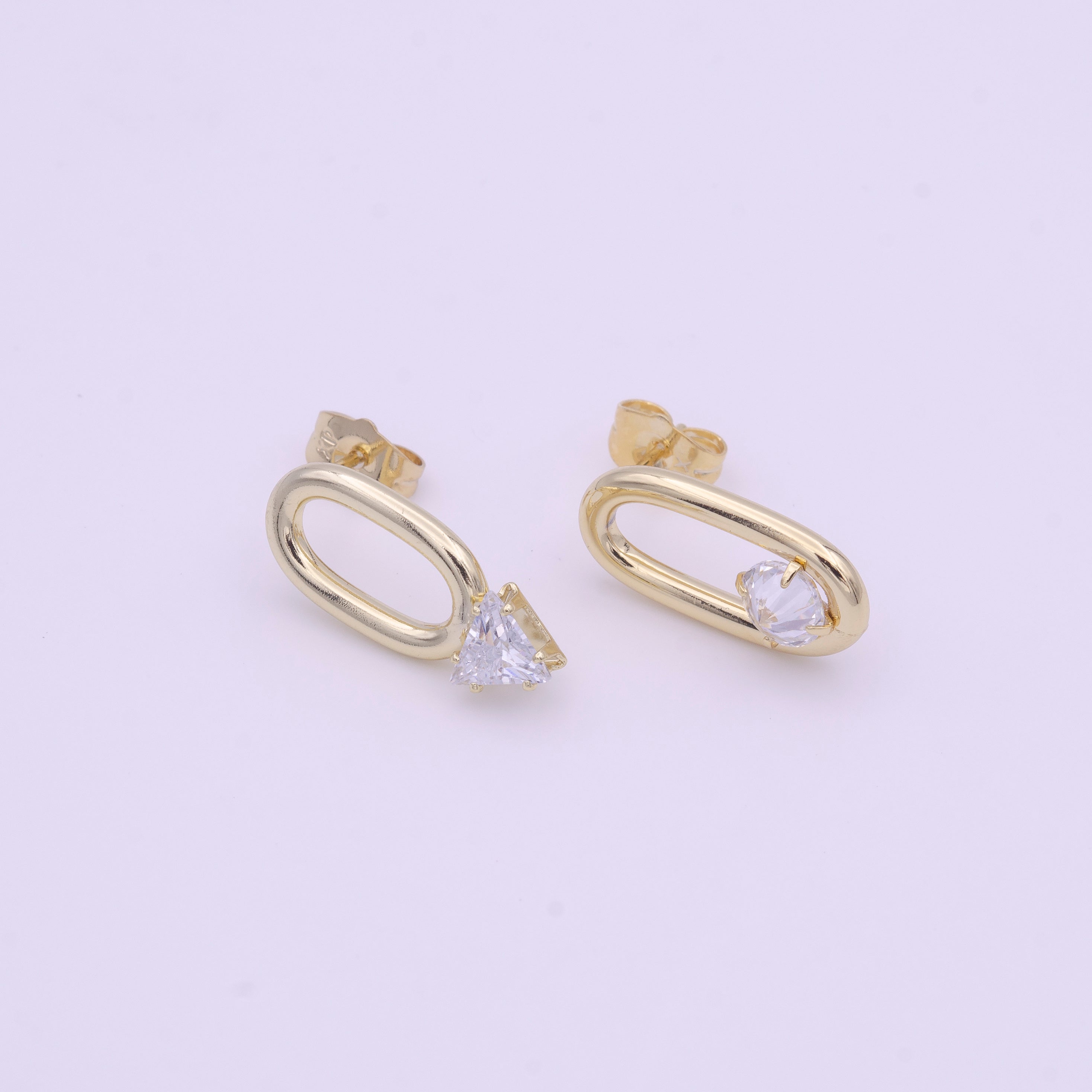 Geometric Gold Oval Triangle Round Clear Cubic Zirconia Stud Earrings | Y164 - DLUXCA