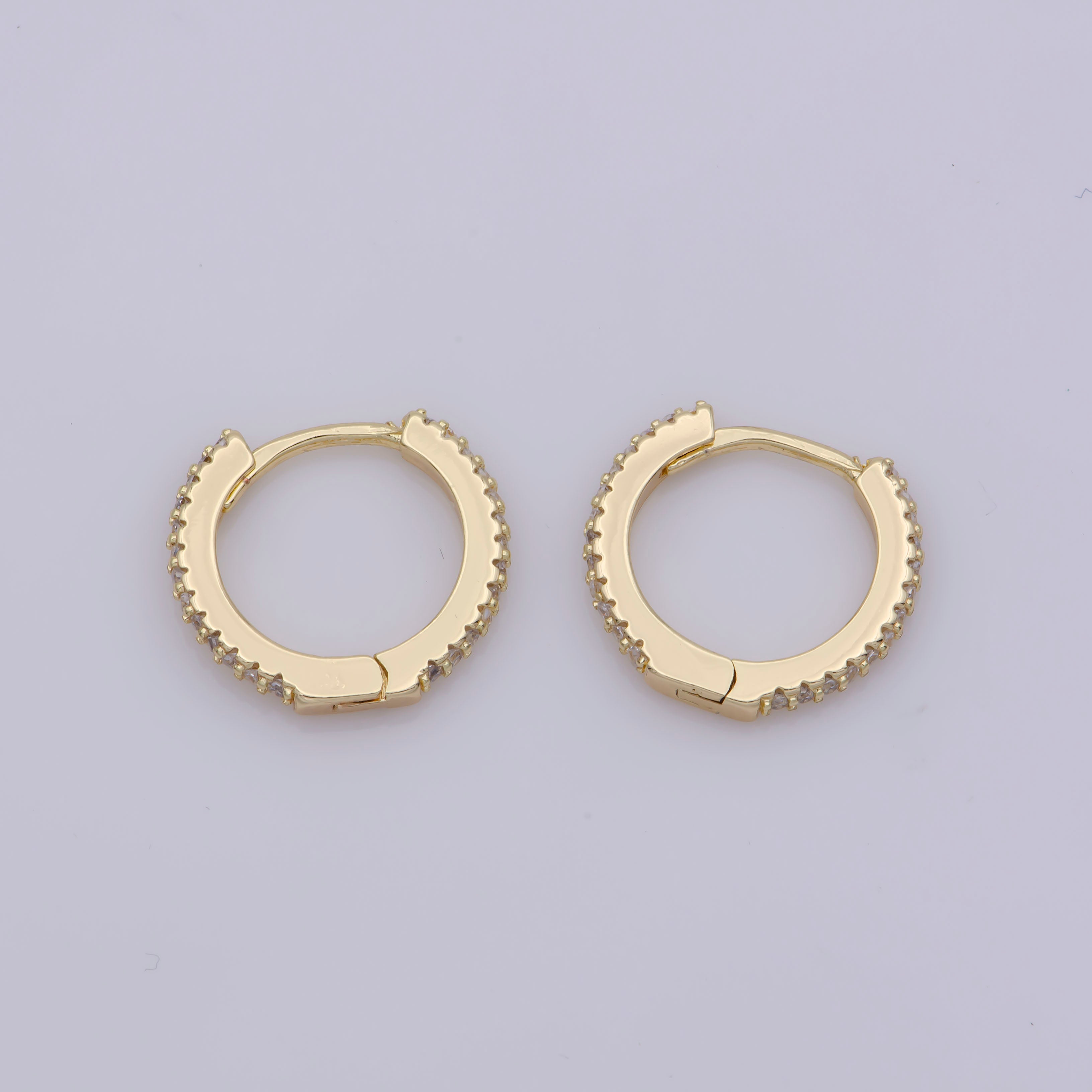 24K Gold Filled Huggie Hoop Earrings, Crystal Cubic Zirconia CZ Encrusted on 14.8X13.3mm Hoops, Minimalist Modern 15mm Huggie Hoops - DLUXCA