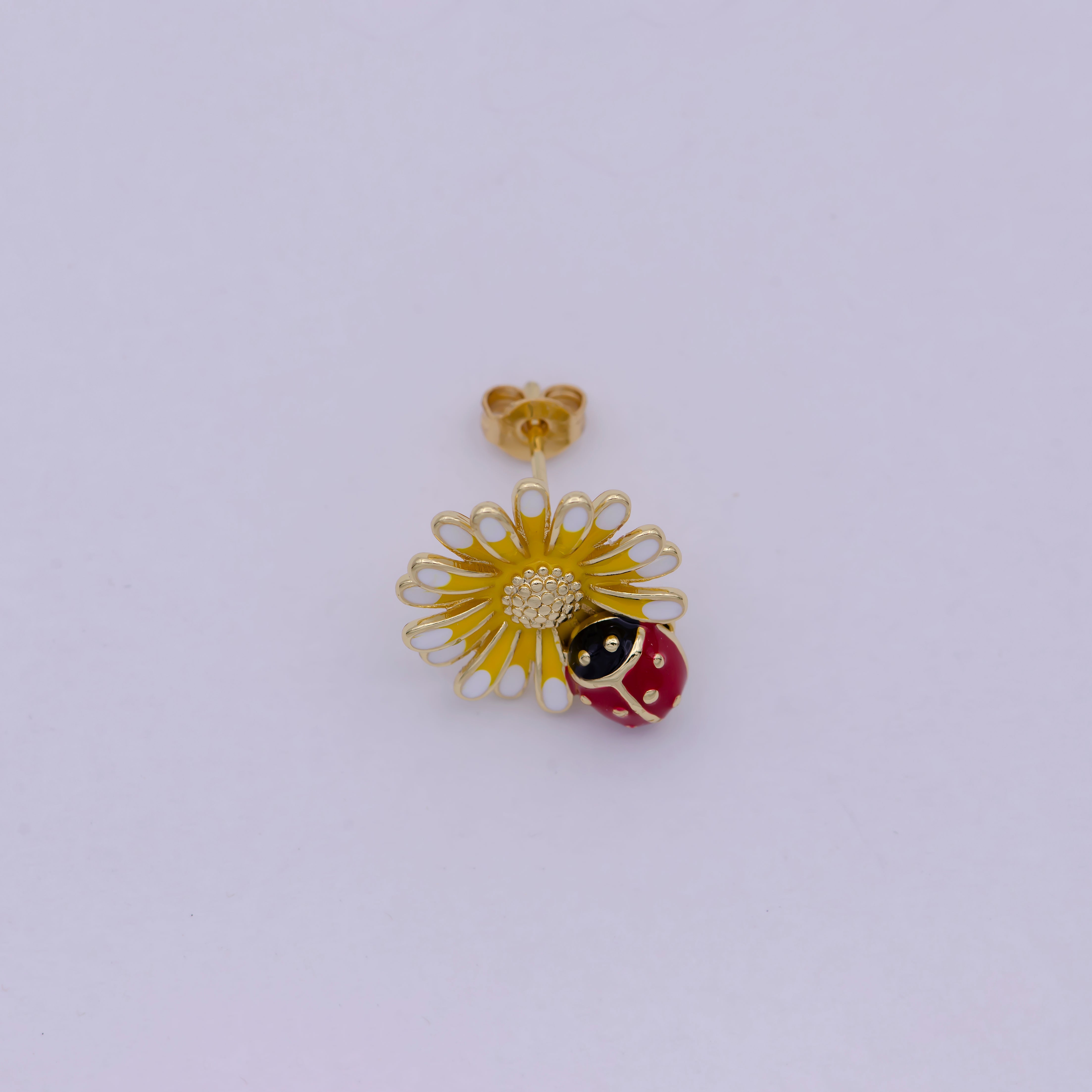 Dainty Sun Flower With Lady Bug Stud Earring Yellow Red Enamel - DLUXCA