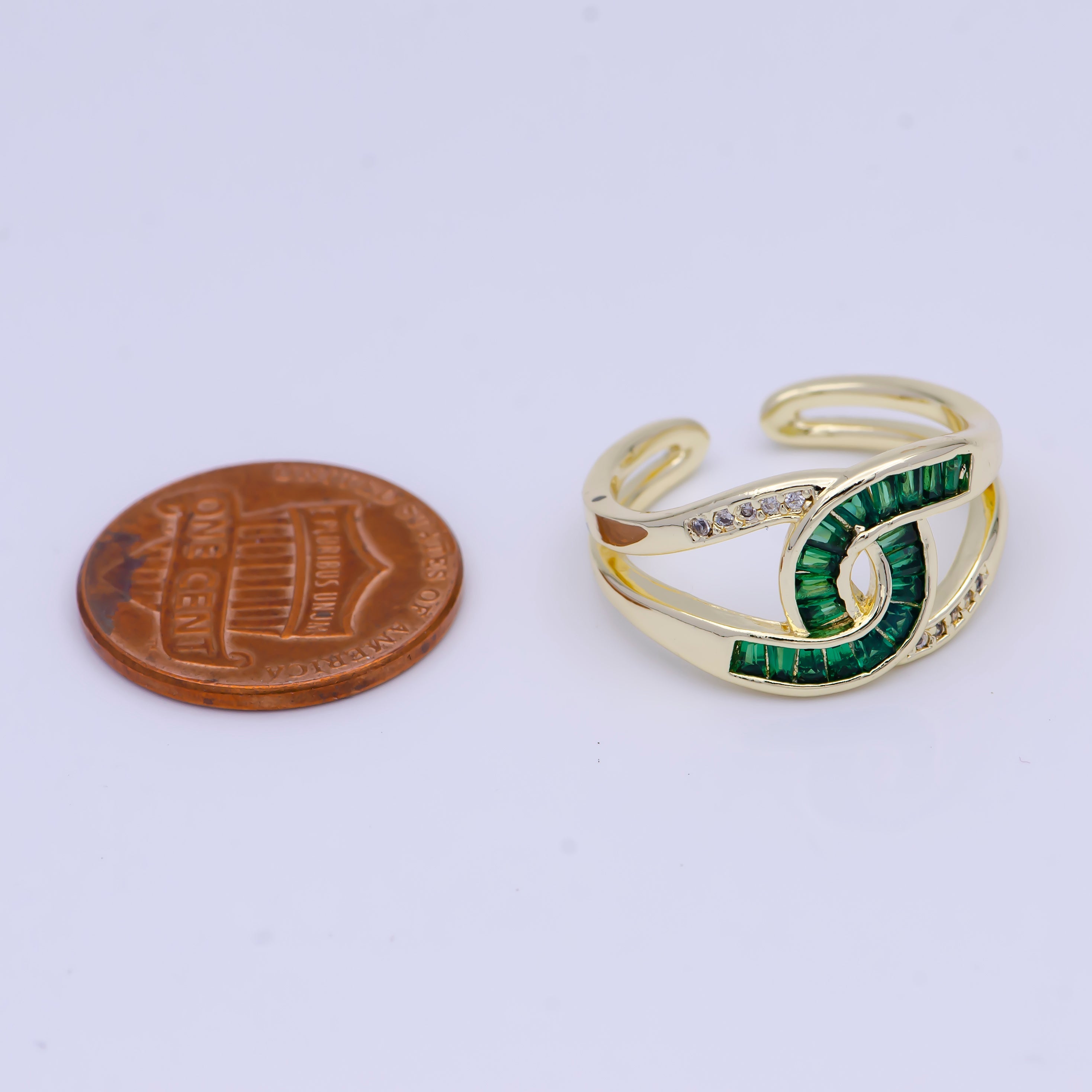 Multicolor, Green, Clear Baguette Micro Paved Knot Double Band Gold Ring | P449, X619, X624 - DLUXCA