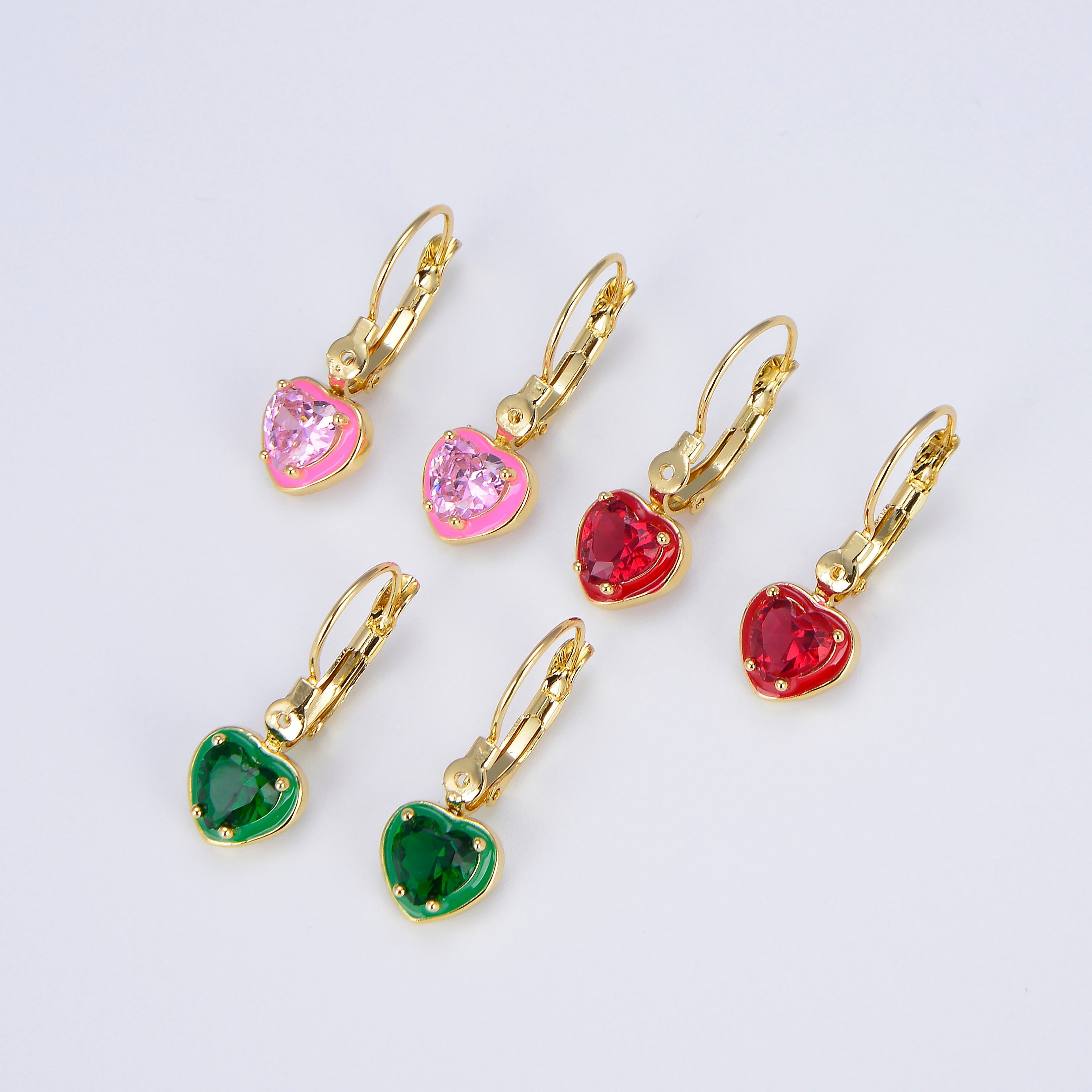 1pair Women Heart Crystals Earrings Drop Dangle Lever Back Hoop Earrings for Girl Green Red Pink Cubic Stone for everyday Wear P105 - DLUXCA