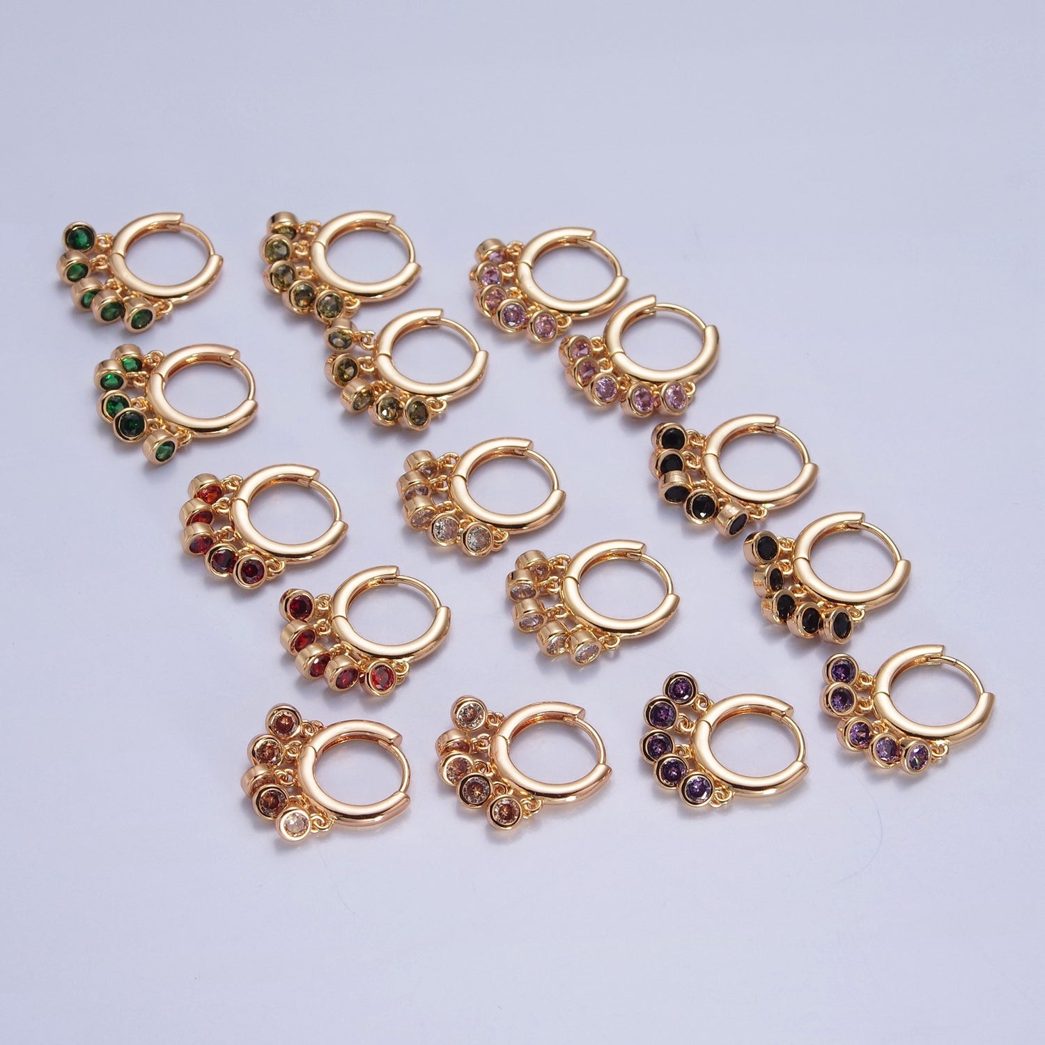 16K Gold Filled Five Round Cubic Zirconia CZ Charm Dangle Huggie Hoop Earrings P155, P156, W775-W780 - DLUXCA