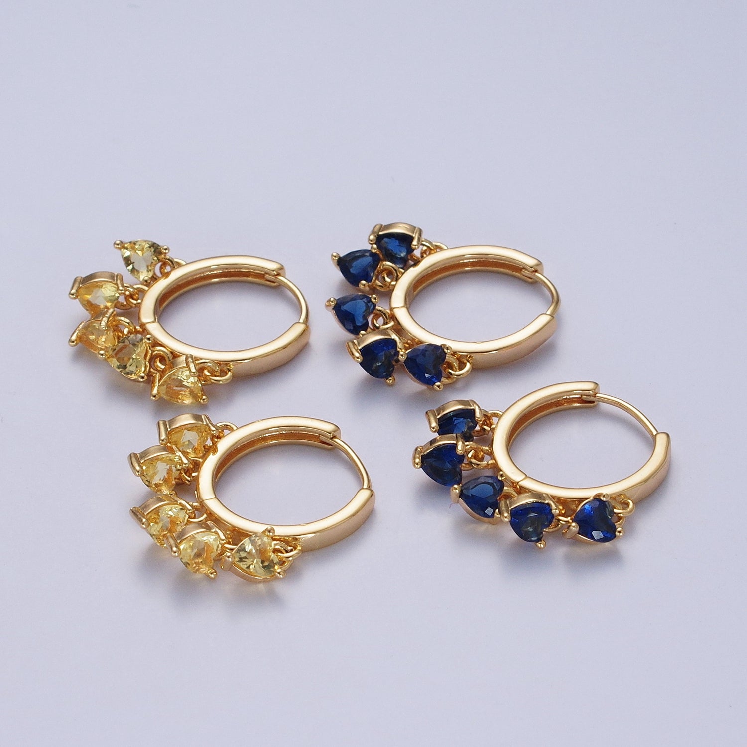 24K Gold Filled Four Heart Cubic Zirconia Charm Huggie Hoop Earrings T108-T111 X835 X836 - DLUXCA