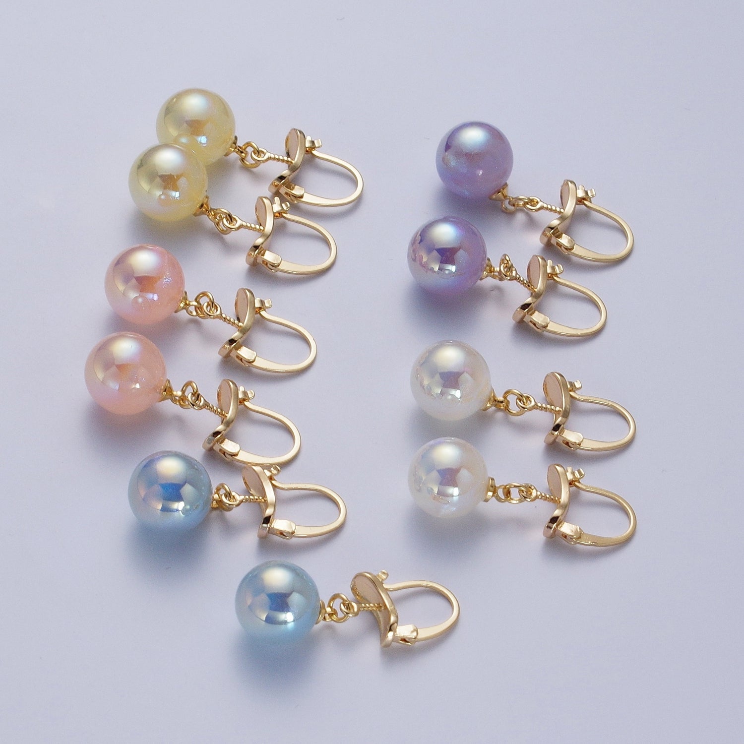 24K Gold Filled Leverback Earrings Small Hoop Earrings with Round Ball Pastel AB Color Drop Q216 - DLUXCA