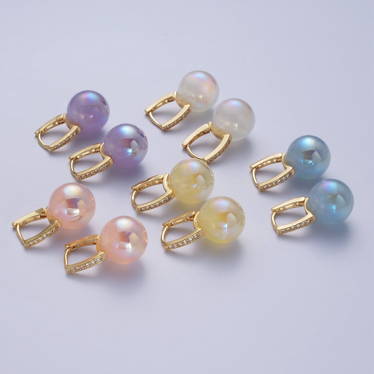 24K Gold Filled Leverback Earrings Small Huggie Hoops Earrings with Round Ball Pastel AB Color Drop Q408 - DLUXCA