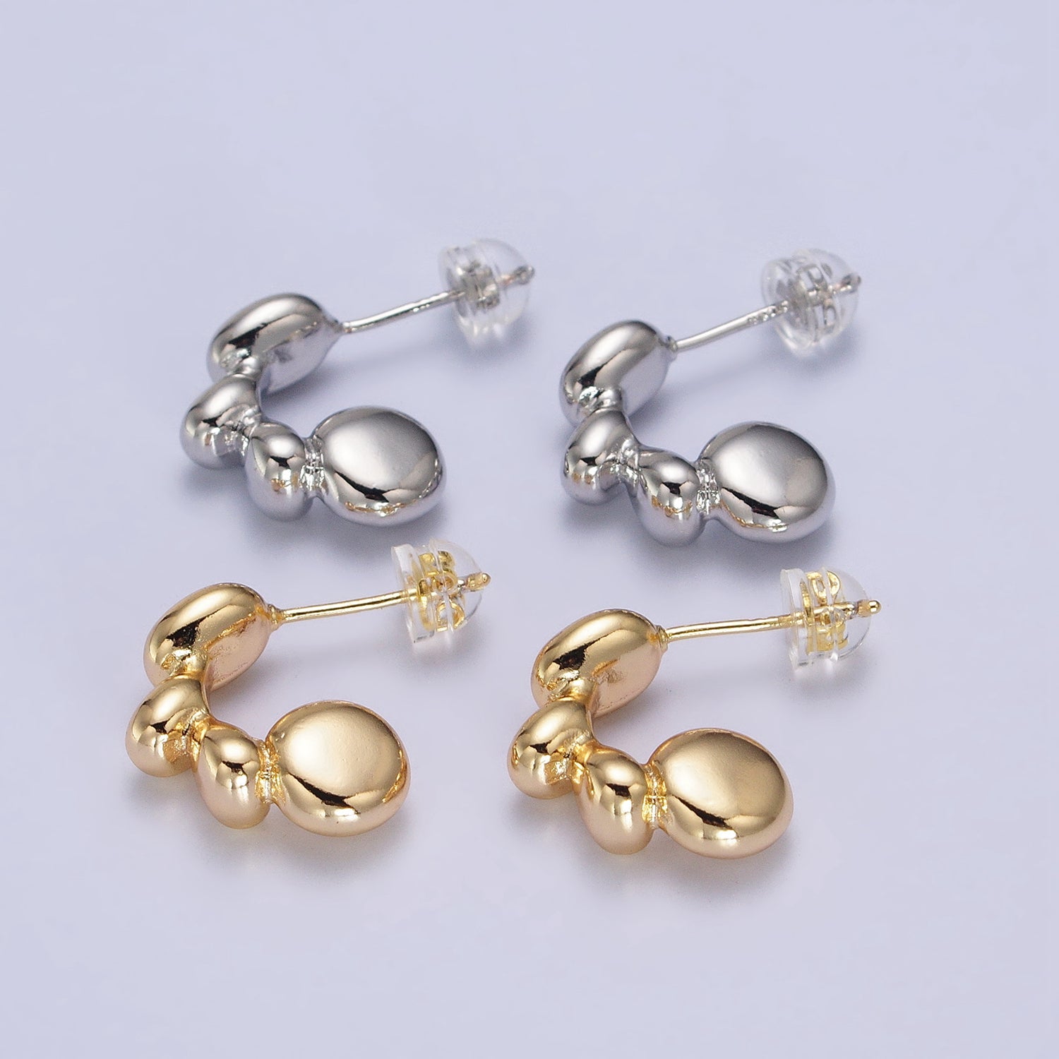 Geometric Rounded Beaded Bubble Ball C-Shaped Hoop in Gold & Silver | AB071 AB072 - DLUXCA