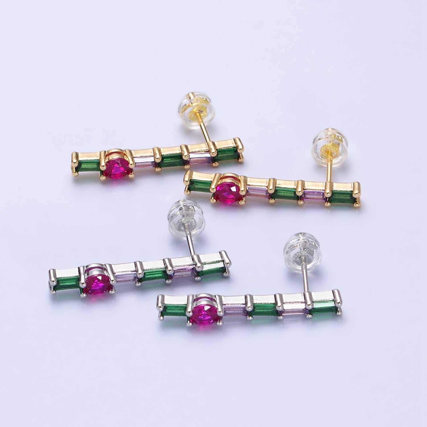 16K Gold Filled Multicolor Baguette Round CZ Linear Drop Stud Earrings in Gold & Silver | AB362 AB363 - DLUXCA