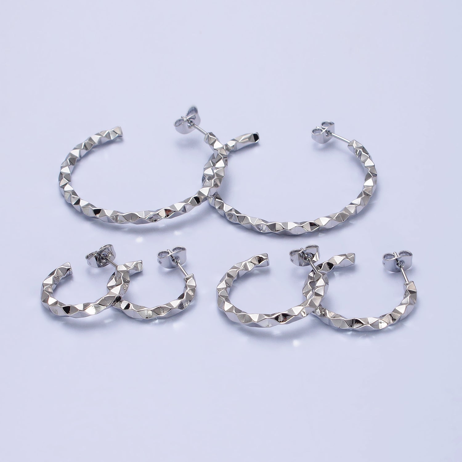 White Gold Filled 25mm, 40mm Dented Geometric C-Shaped Hoop Earrings | AB402 AB401 - DLUXCA