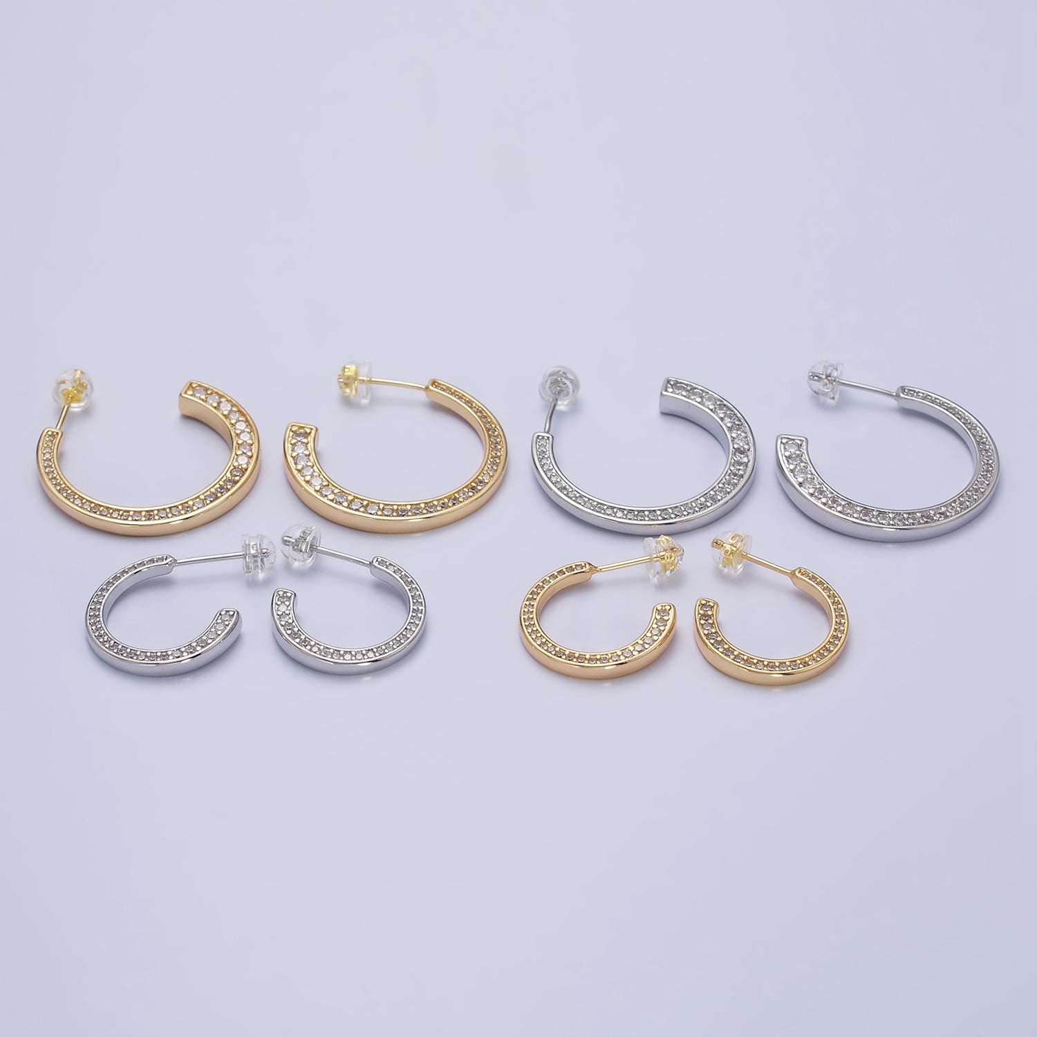 16K Gold Filled Round CZ Lined 20mm, 30mm C-Shaped Hoop Earrings in Gold & Silver | AB518 AB519 AB528 AB529 - DLUXCA