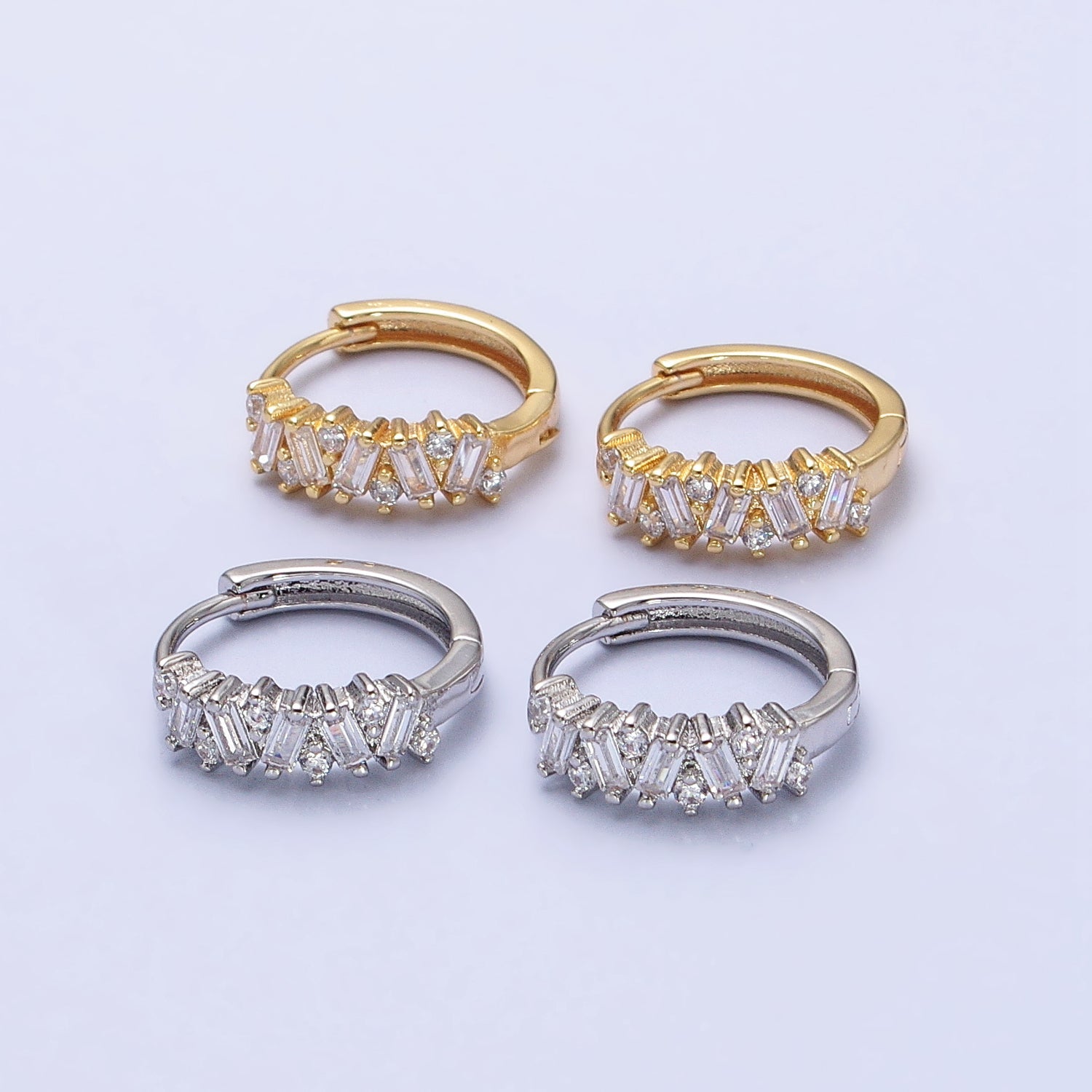 Gold, Silver Zig-Zag Clear Baguette CZ 15mm Huggie Hoop Earrings | AB522 AB527 - DLUXCA