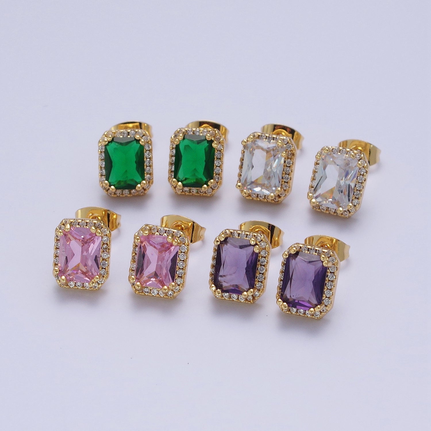 Micro Paved Clear Pink Purple Green Baguette Square Cubic Zirconia Gold Stud Earrings | X896-X899 - DLUXCA