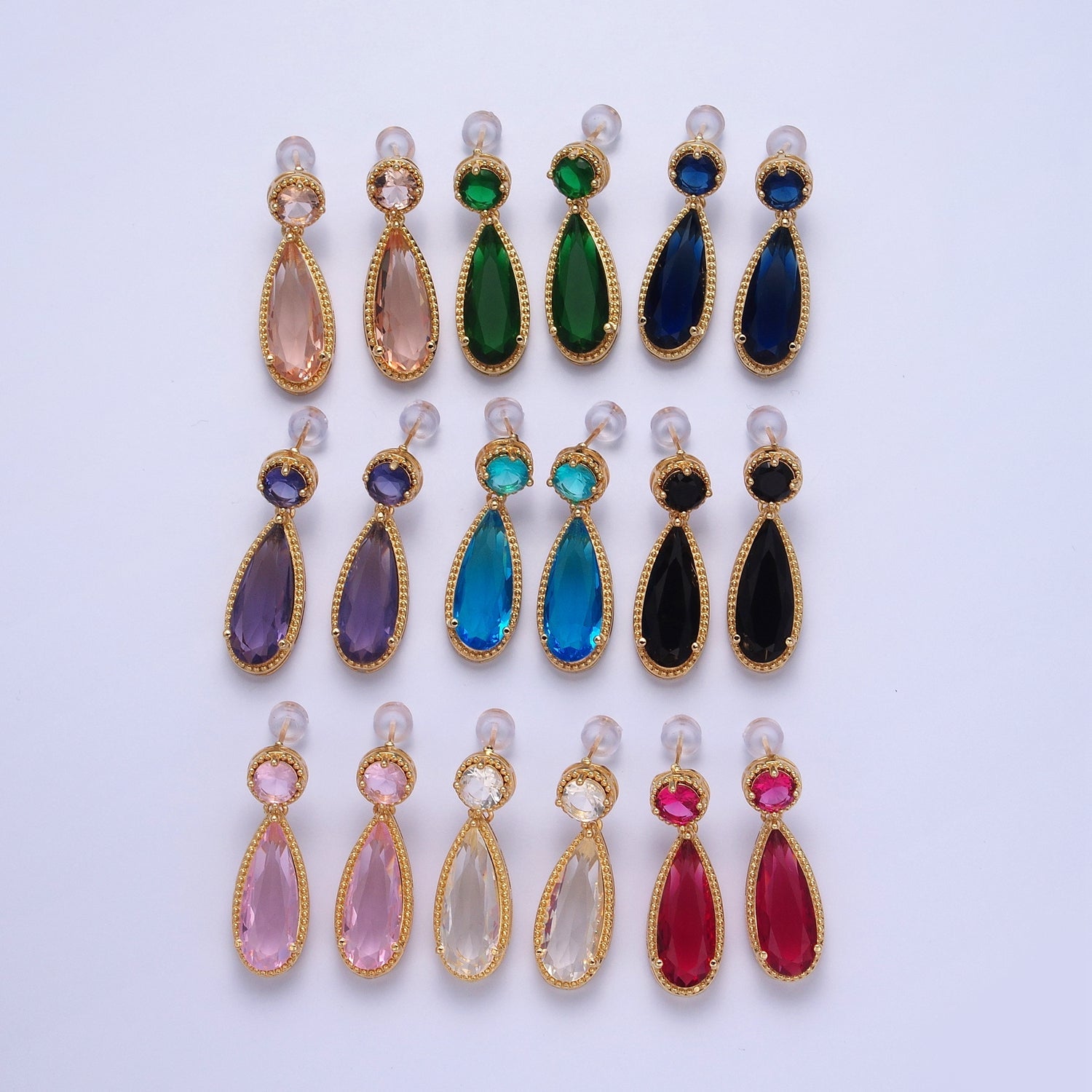 24K Gold Filled Cubic Zirconia Teardrop Stud Earrings with Round CZ Post V402 - DLUXCA