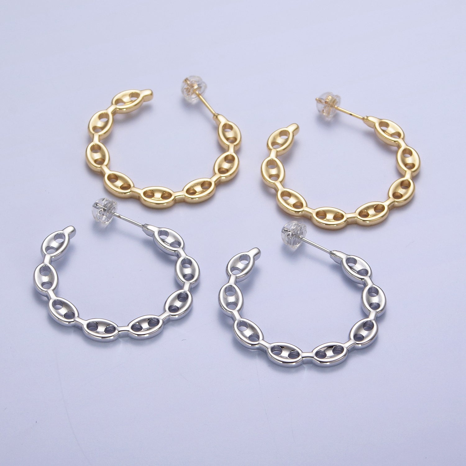 Anchor Mariner Chain Link C Shaped Hoop Stud Earrings in Gold & Silver | X878 X879 - DLUXCA