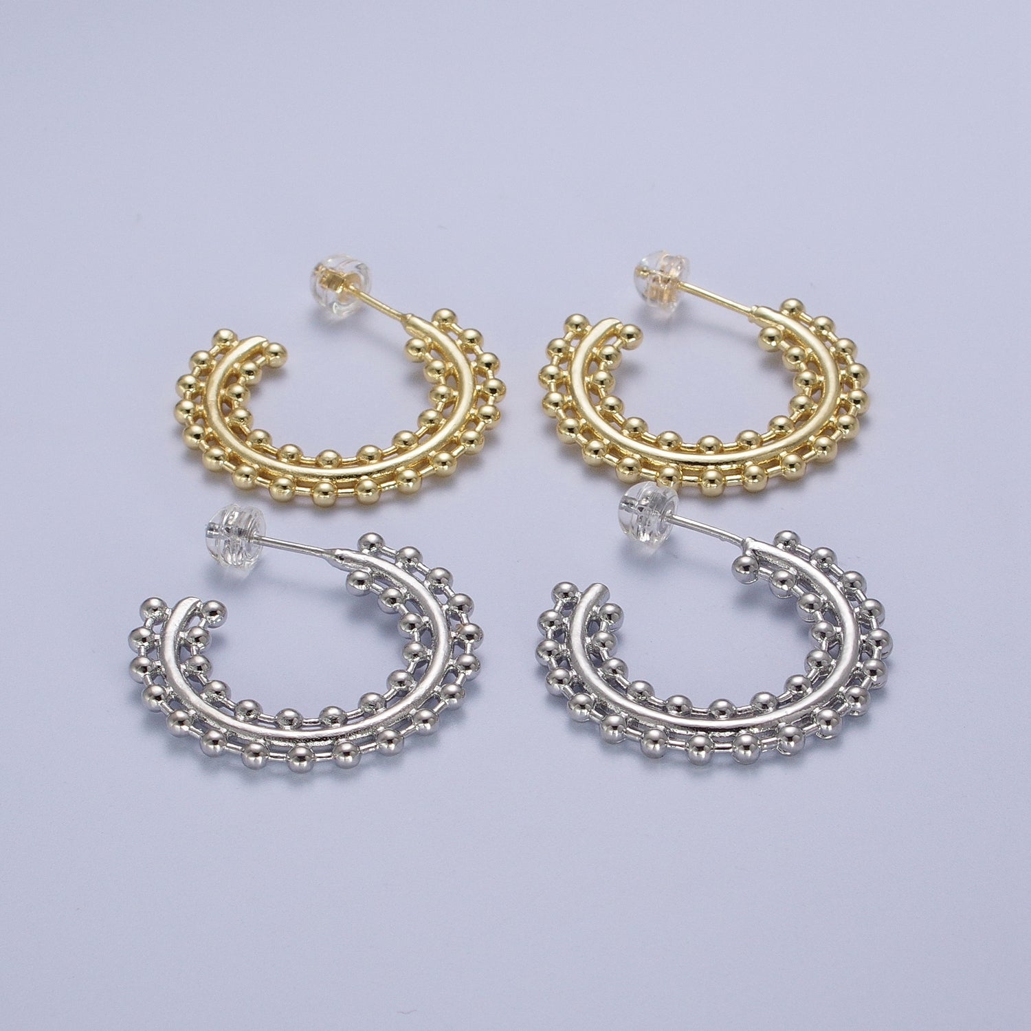 Beaded Bar C Shaped Hoop Stud Statement Earrings in Gold & Silver | Y027 Y028 - DLUXCA