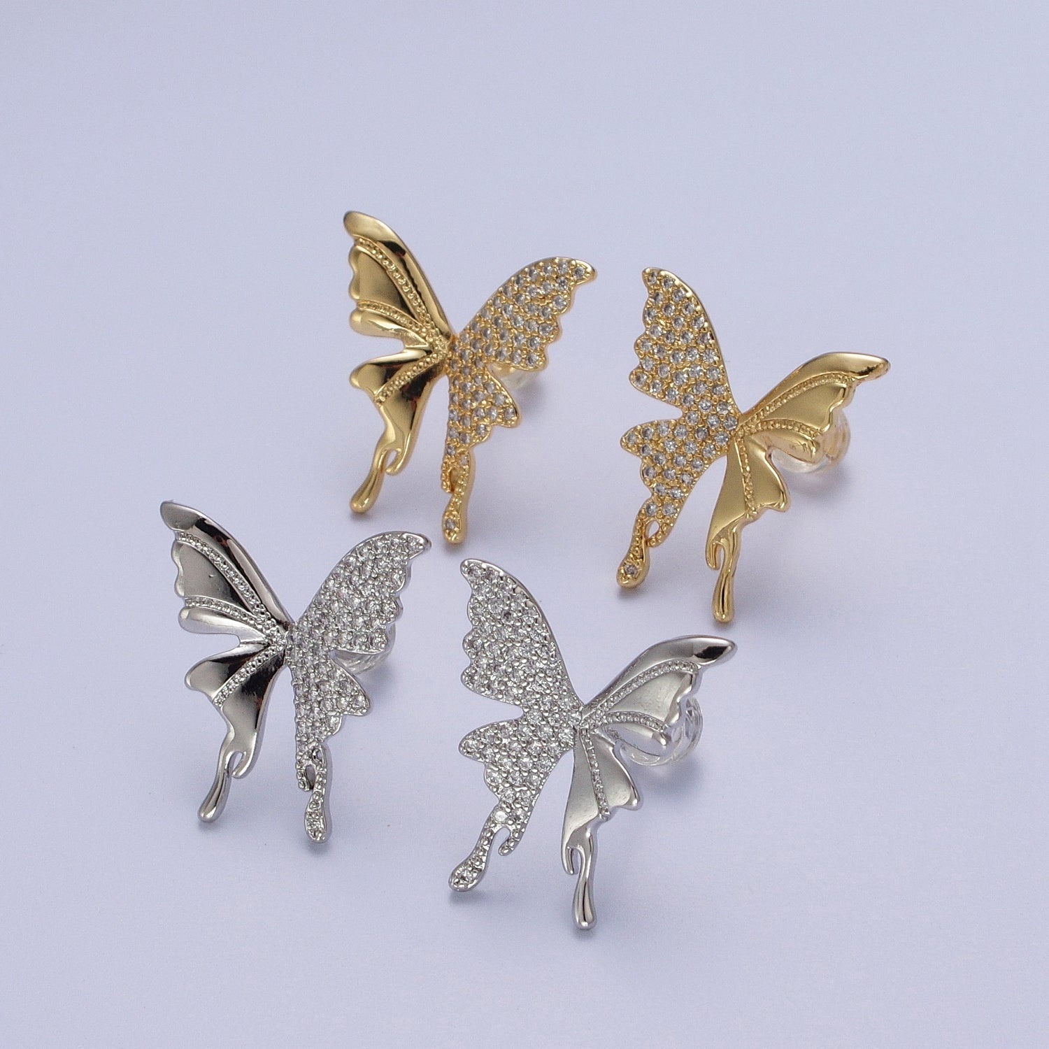 Micro Paved Butterfly Wings Gold, Silver Stud Earrings | Y197 Y198 - DLUXCA