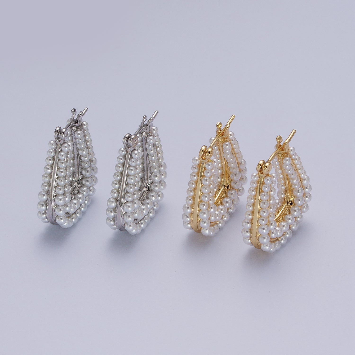 24K Gold Filled Pearl Lined Geometric Latch Hoops Earrings in Gold & Silver | V032 V033 - DLUXCA