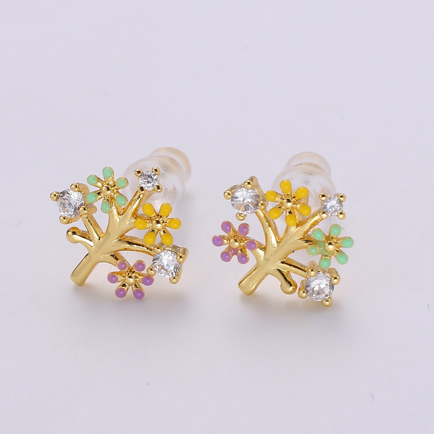 Gold Tree Stud Earrings • Cute Earrings • Spring Jewelry • Gold Micro Pave Flower Earrings • Stud Earrings • Valentine gift• Kawaii Earrings - DLUXCA
