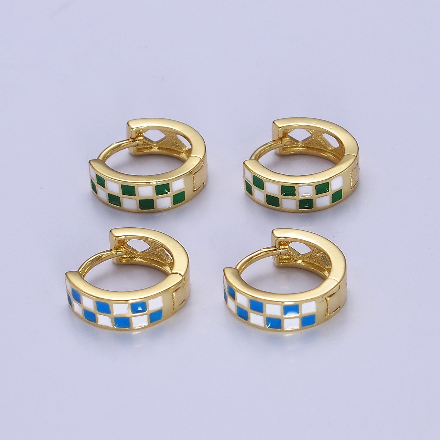 24K Gold Filled Enamel Checker Hoops Earring Retro Gold Huggie Earrings V-131 V-132 - DLUXCA