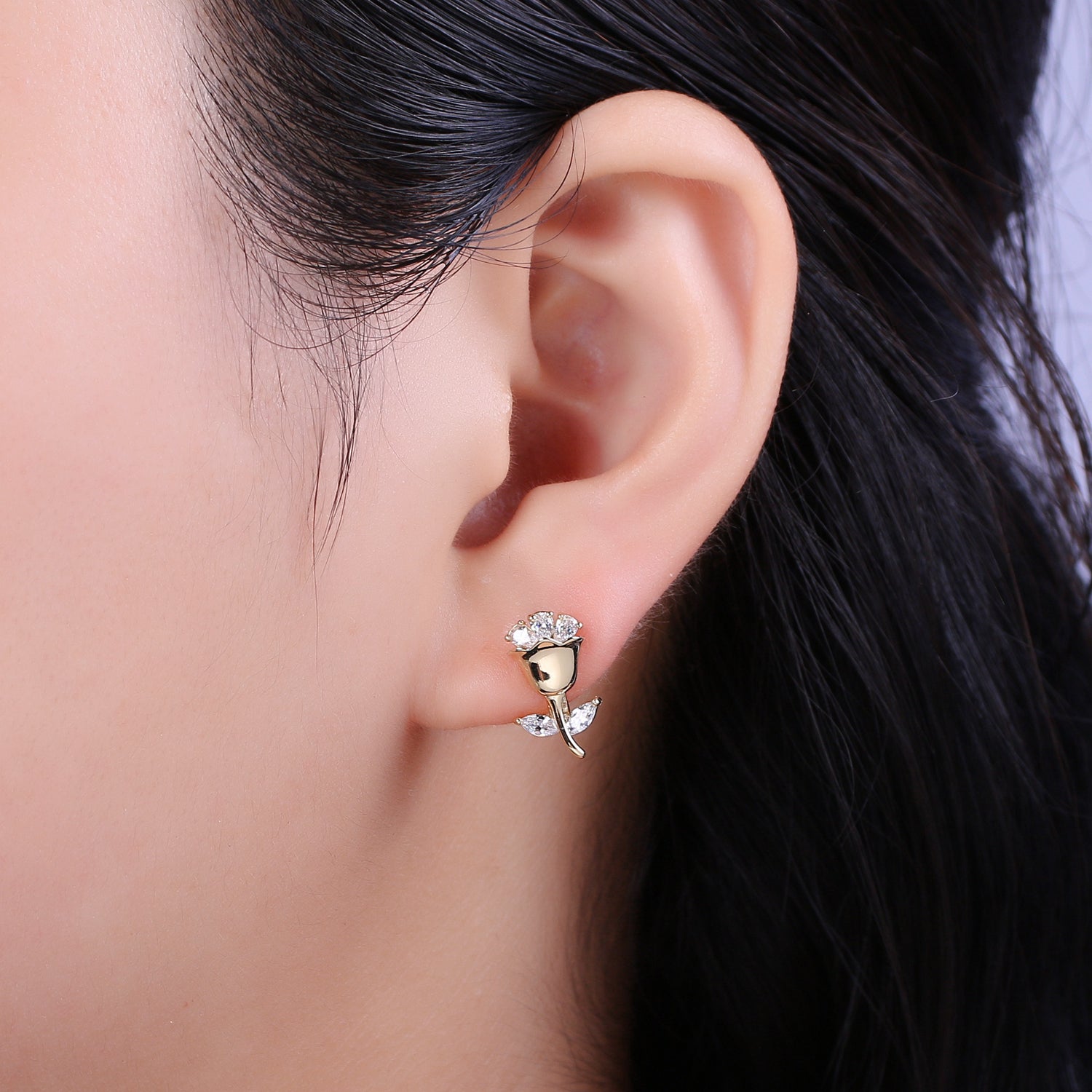 English Rose Huggie Earring - Tiny Gold Rose Flower Earring - Dainty Flower Hypoallergenic Earrings - DLUXCA